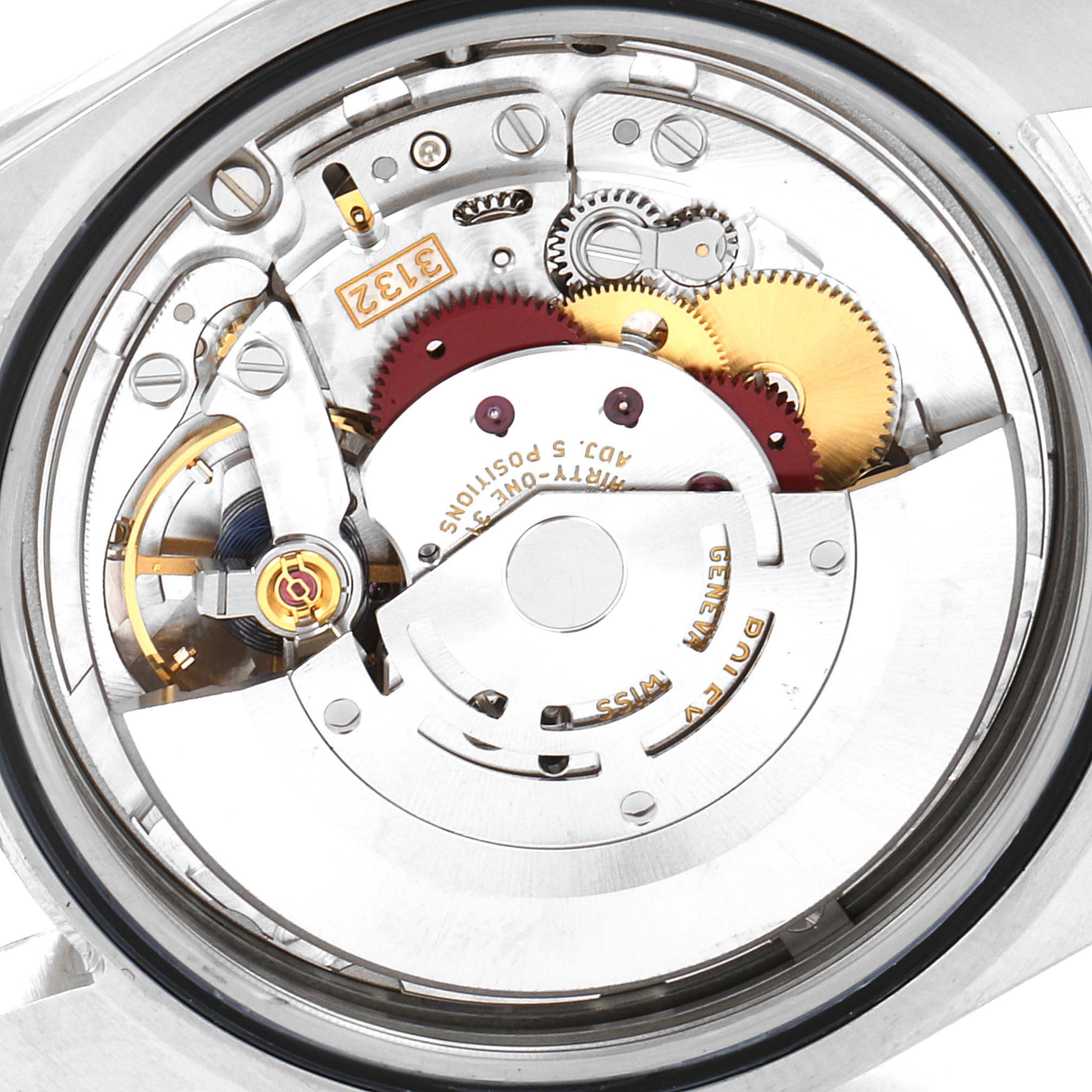 Close-up of the interior mechanism from the back of a Rolex Oyster Perpetual 114300 Men's Stainless Steel Burgundy Dial 114300 Men's Stainless Steel Burgundy Dial model watch, showing gears and movement components.