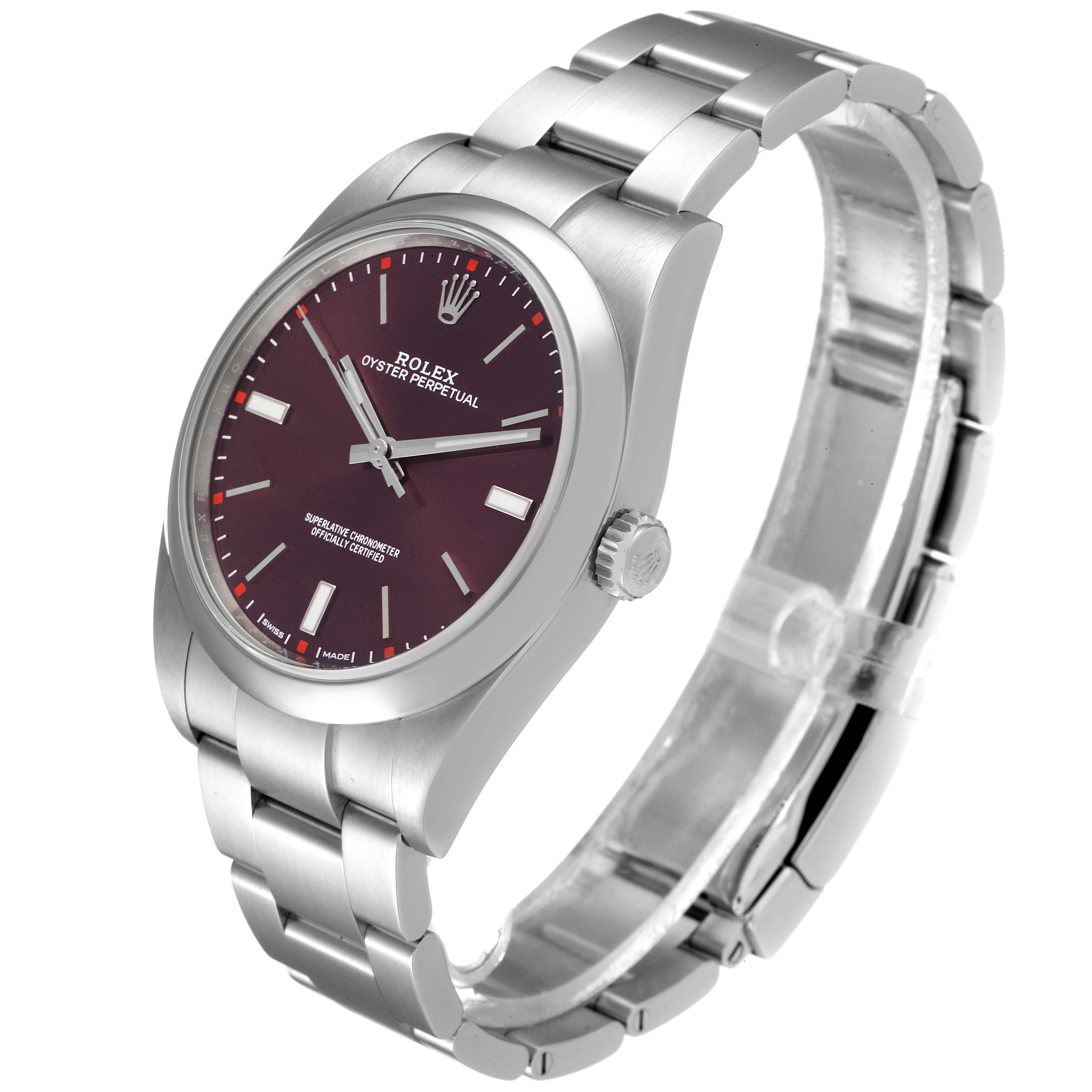 This image shows a side angle of a Rolex Oyster Perpetual 114300 Men's Stainless Steel Burgundy Dial 114300 Men's Stainless Steel Burgundy Dial watch, highlighting its band, face, and crown.