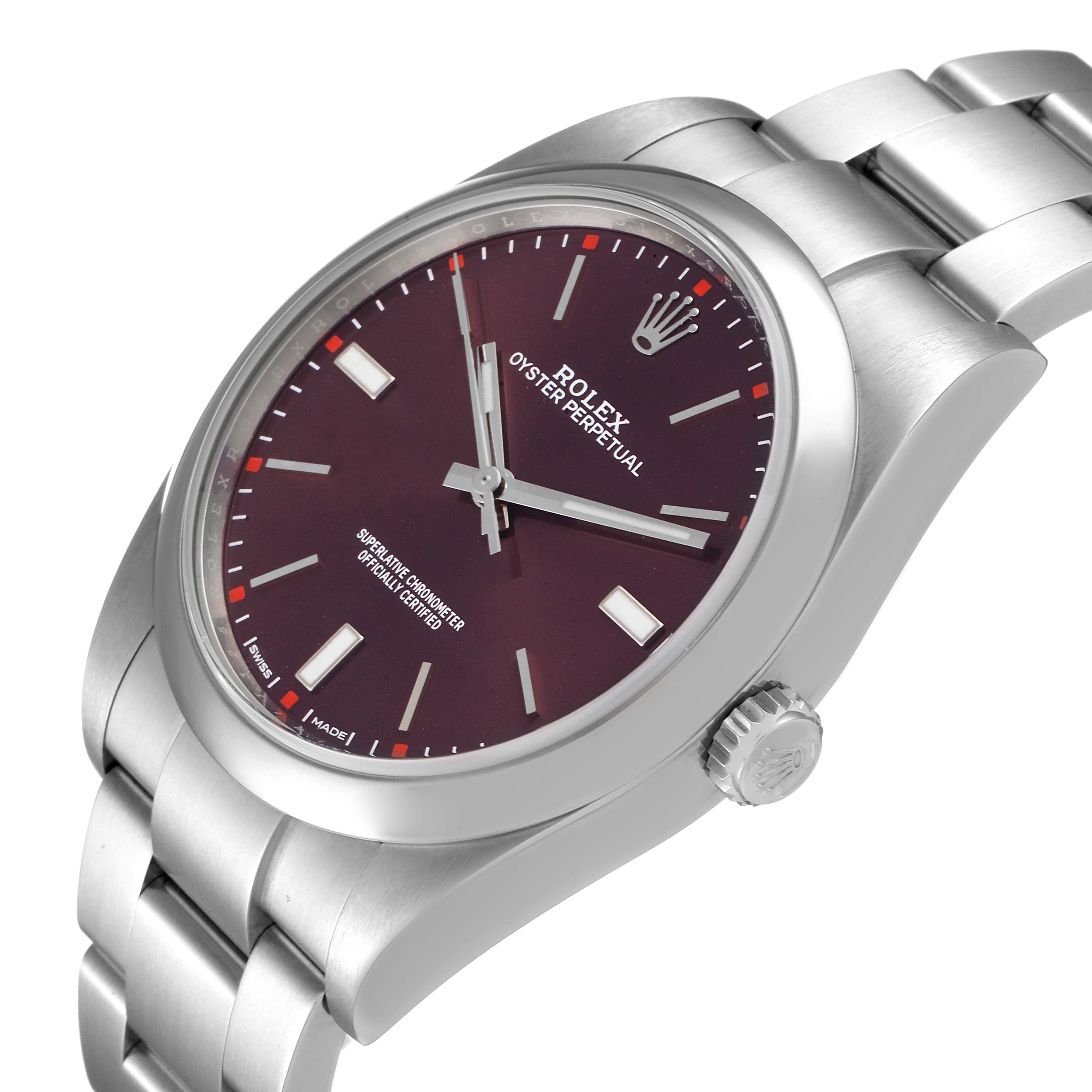 The Rolex Oyster Perpetual 114300 Men's Stainless Steel Burgundy Dial 114300 Men's Stainless Steel Burgundy Dial watch is shown at an oblique angle, displaying the face, bezel, crown, and bracelet.