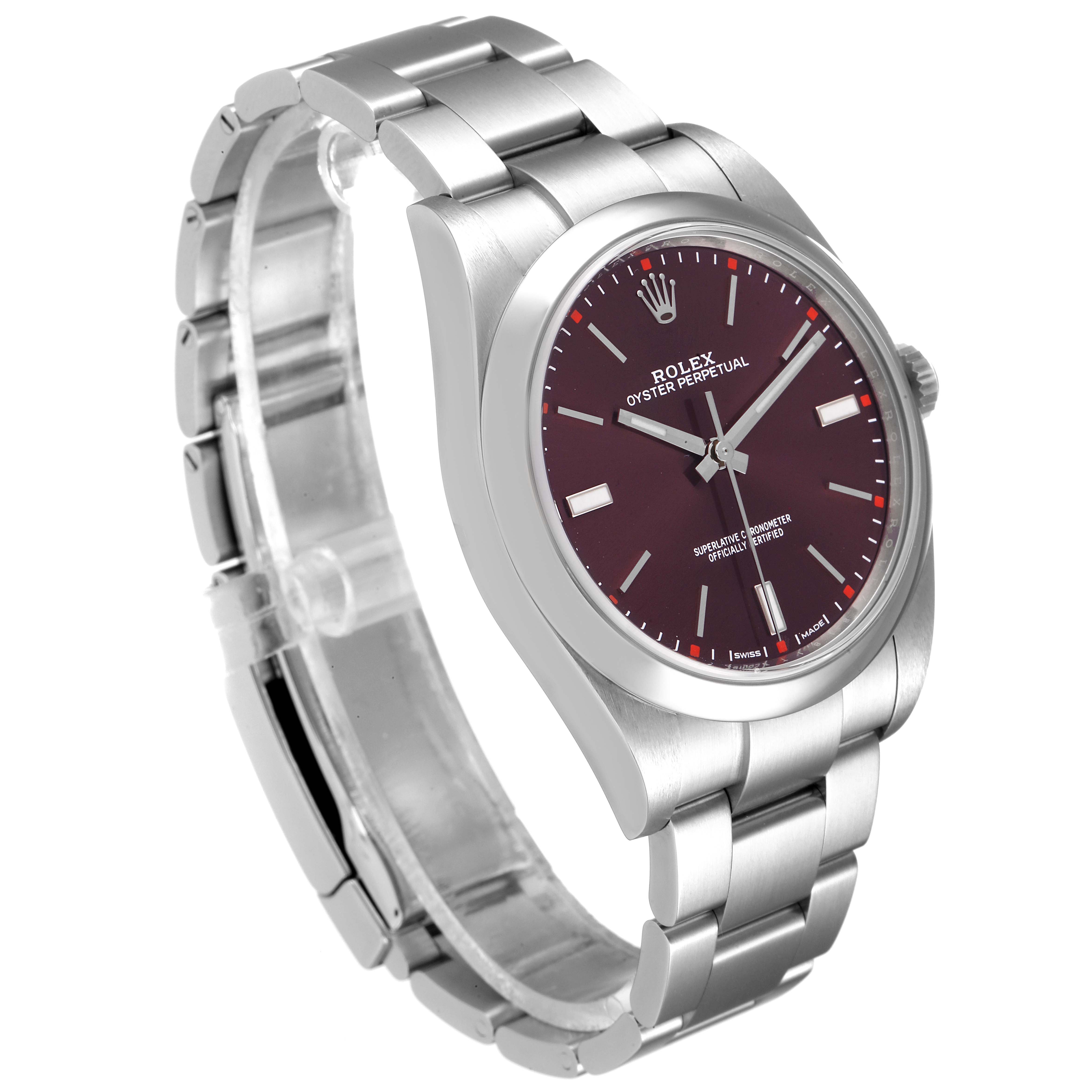 The Rolex Oyster Perpetual 114300 Men's Stainless Steel Burgundy Dial 114300 Men's Stainless Steel Burgundy Dial watch is shown at a slight three-quarter angle, highlighting the face, case, and bracelet.