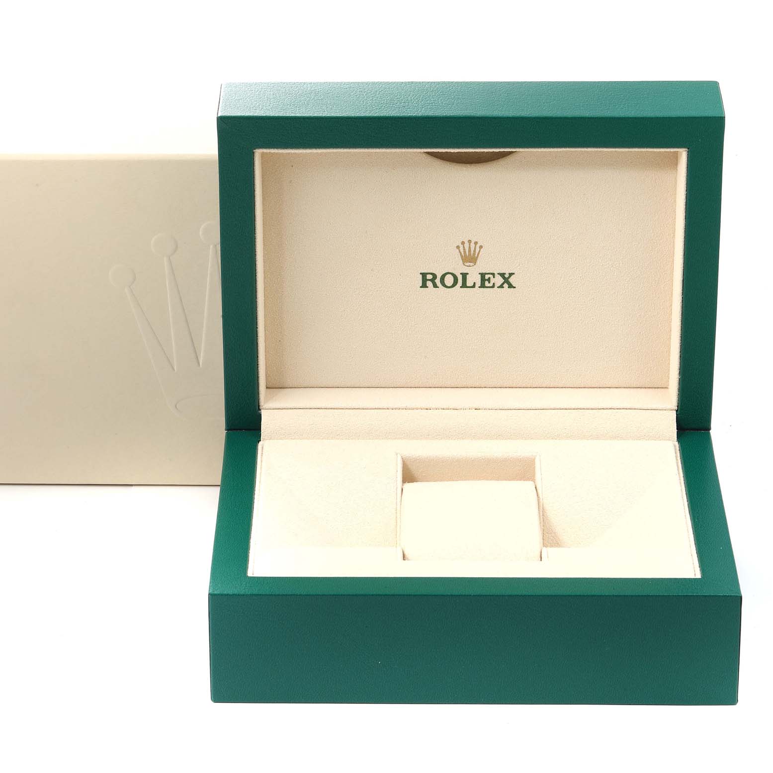 This image shows the empty presentation box of a Rolex Oyster Perpetual 114300 Men's Stainless Steel Burgundy Dial 114300 Men's Stainless Steel Burgundy Dial watch, with the box open and positioned front-facing.