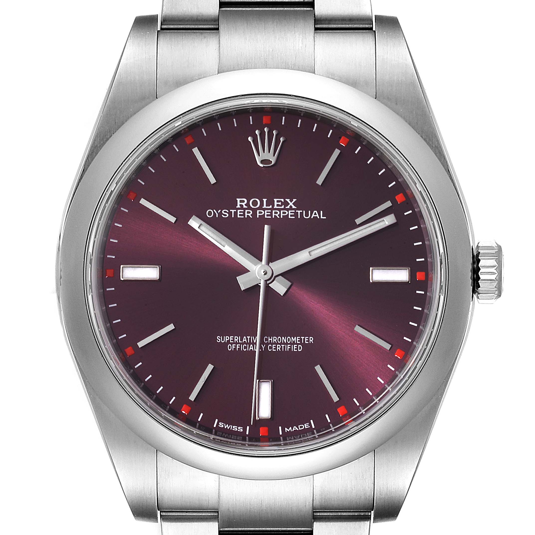 This image shows a front view of the Rolex Oyster Perpetual 114300 Men's Stainless Steel Burgundy Dial 114300 Men's Stainless Steel Burgundy Dial watch featuring a burgundy dial and a stainless steel bracelet.
