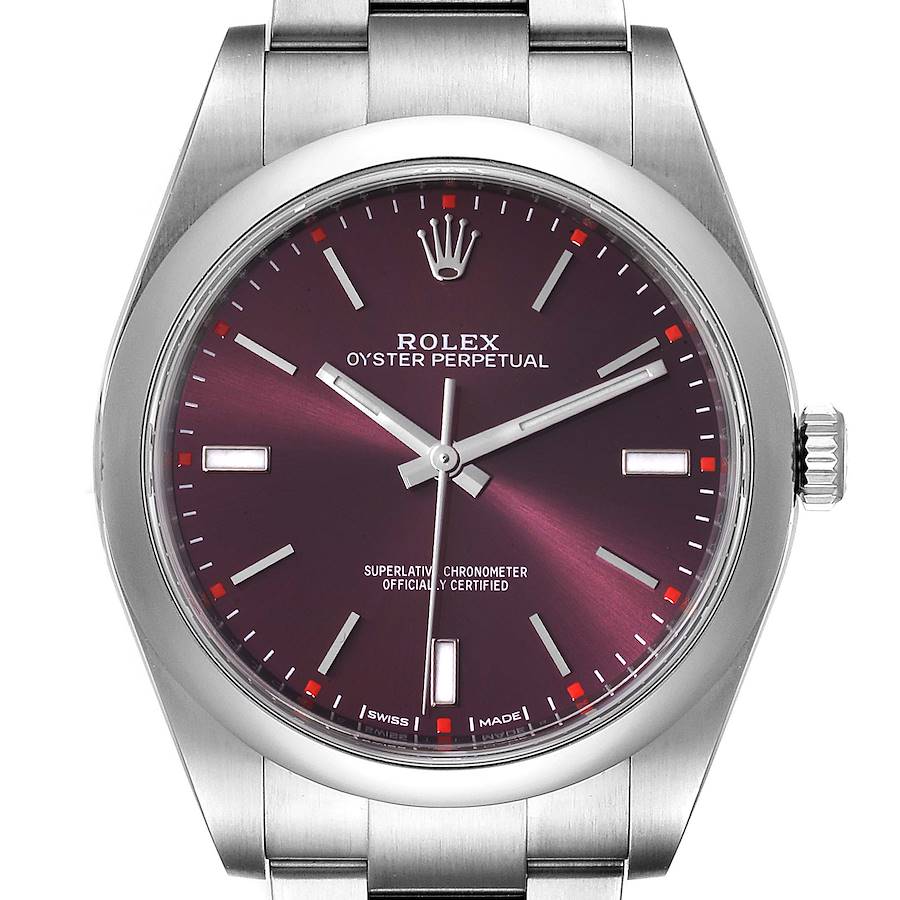 Rolex Oyster Perpetual Red Grape Dial Steel Mens Watch 114300 SwissWatchExpo