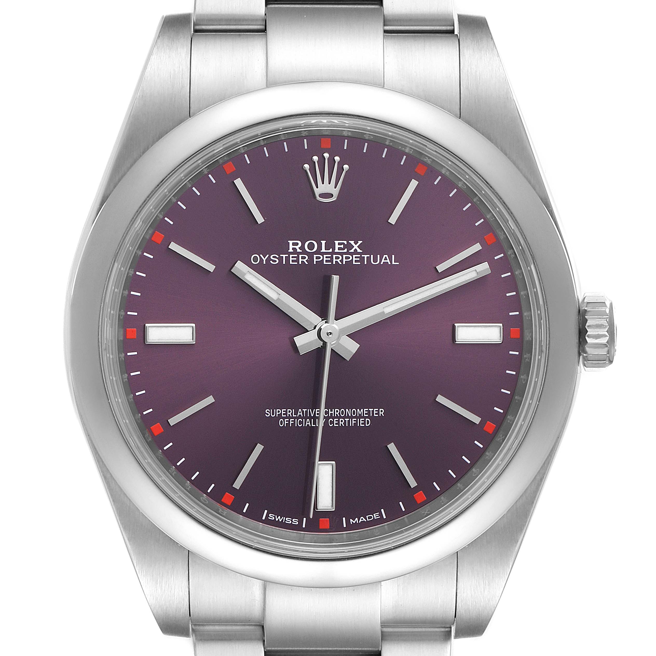 The image shows a front view of a Rolex Oyster Perpetual 114300 Men's Stainless Steel Burgundy Dial 114300 Men's Stainless Steel Burgundy Dial watch, displaying its dial, hands, bezel, crown, and part of the bracelet.