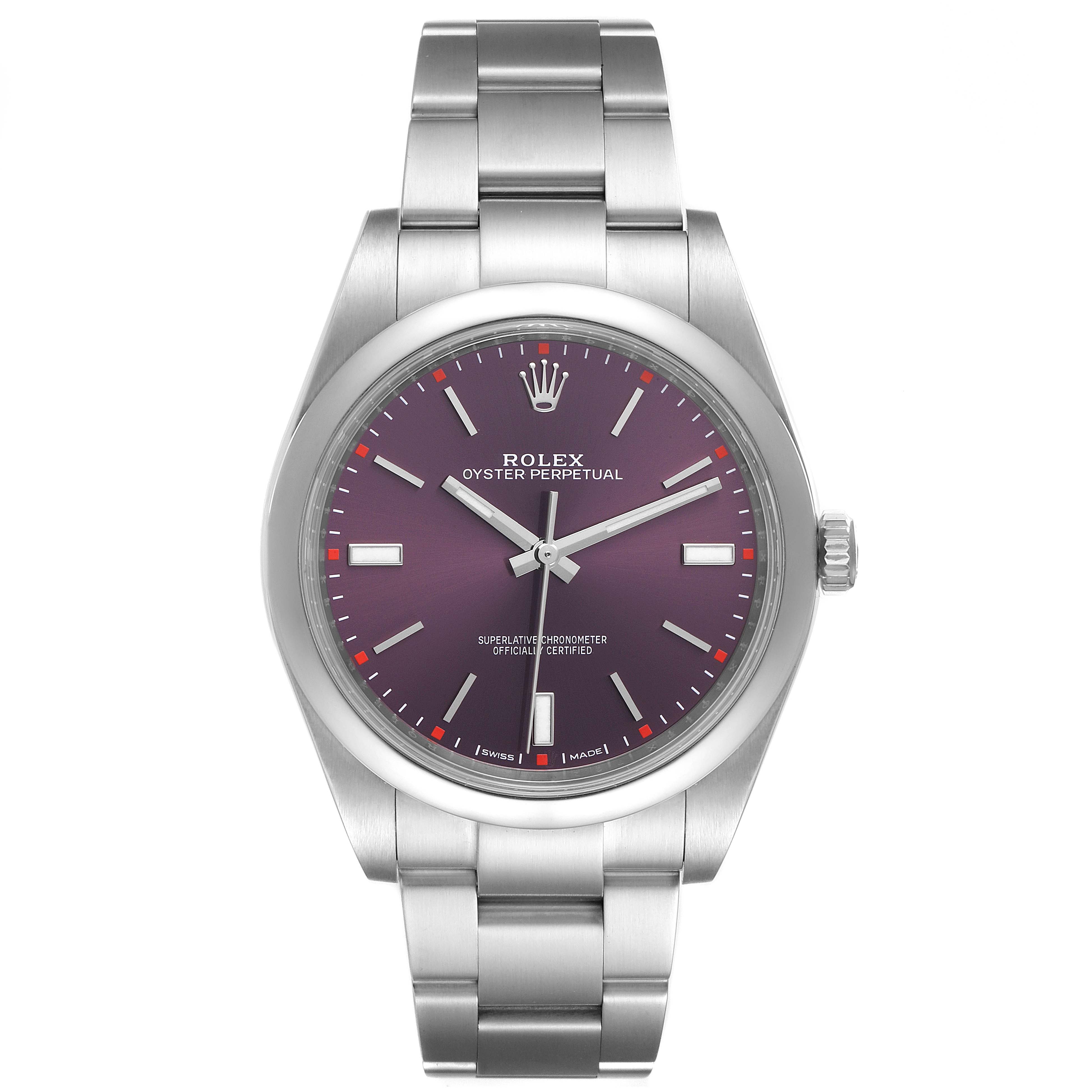 The image shows a front view of a Rolex Oyster Perpetual 114300 Men's Stainless Steel Burgundy Dial 114300 Men's Stainless Steel Burgundy Dial watch, displaying its dial, hands, bracelet, and crown.