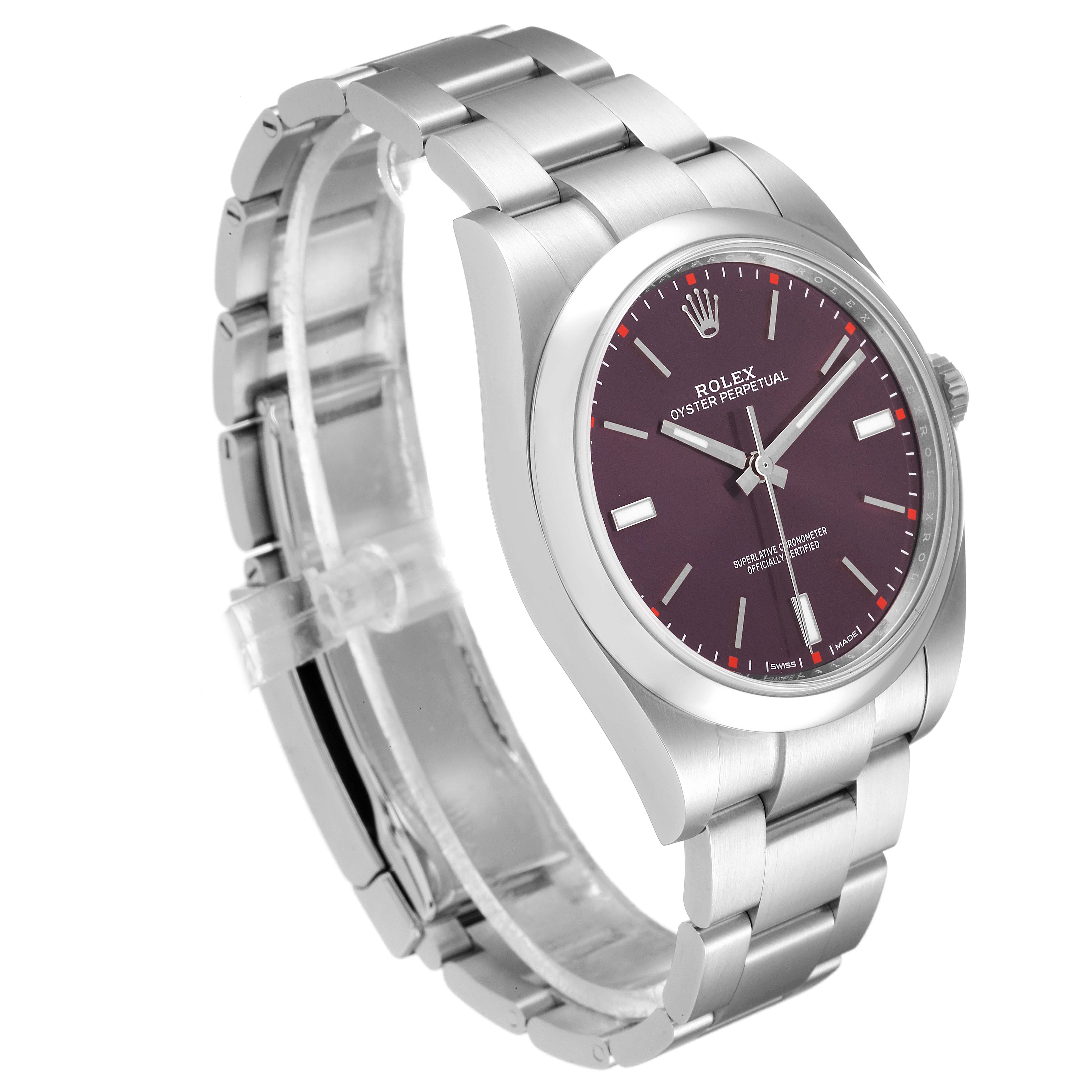 This image of the Rolex Oyster Perpetual 114300 Men's Stainless Steel Burgundy Dial 114300 Men's Stainless Steel Burgundy Dial watch is taken at a three-quarter angle showcasing the face, bezel, and bracelet.