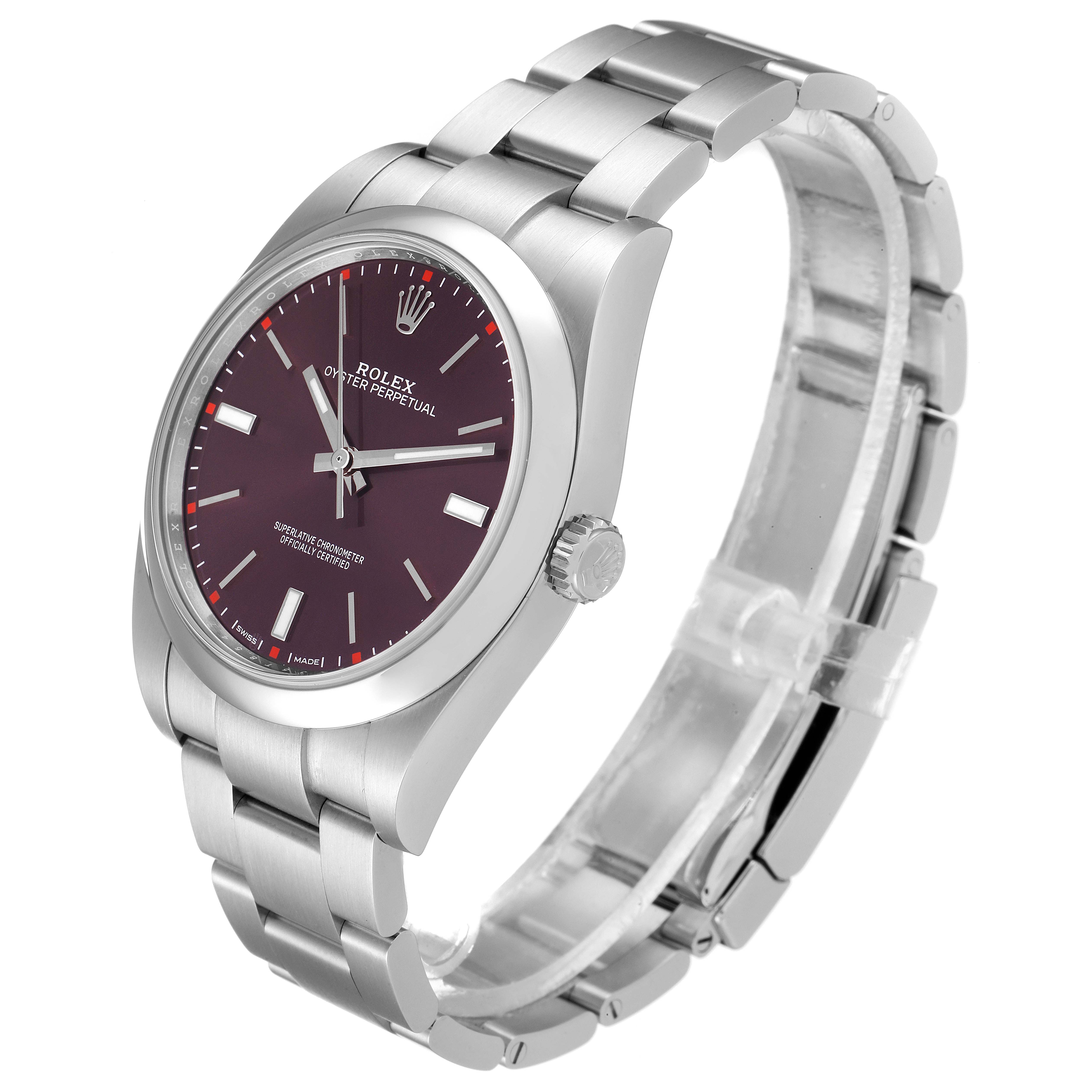 The Rolex Oyster Perpetual 114300 Men's Stainless Steel Burgundy Dial 114300 Men's Stainless Steel Burgundy Dial watch is shown at an angle displaying the face, bezel, crown, and part of the bracelet.