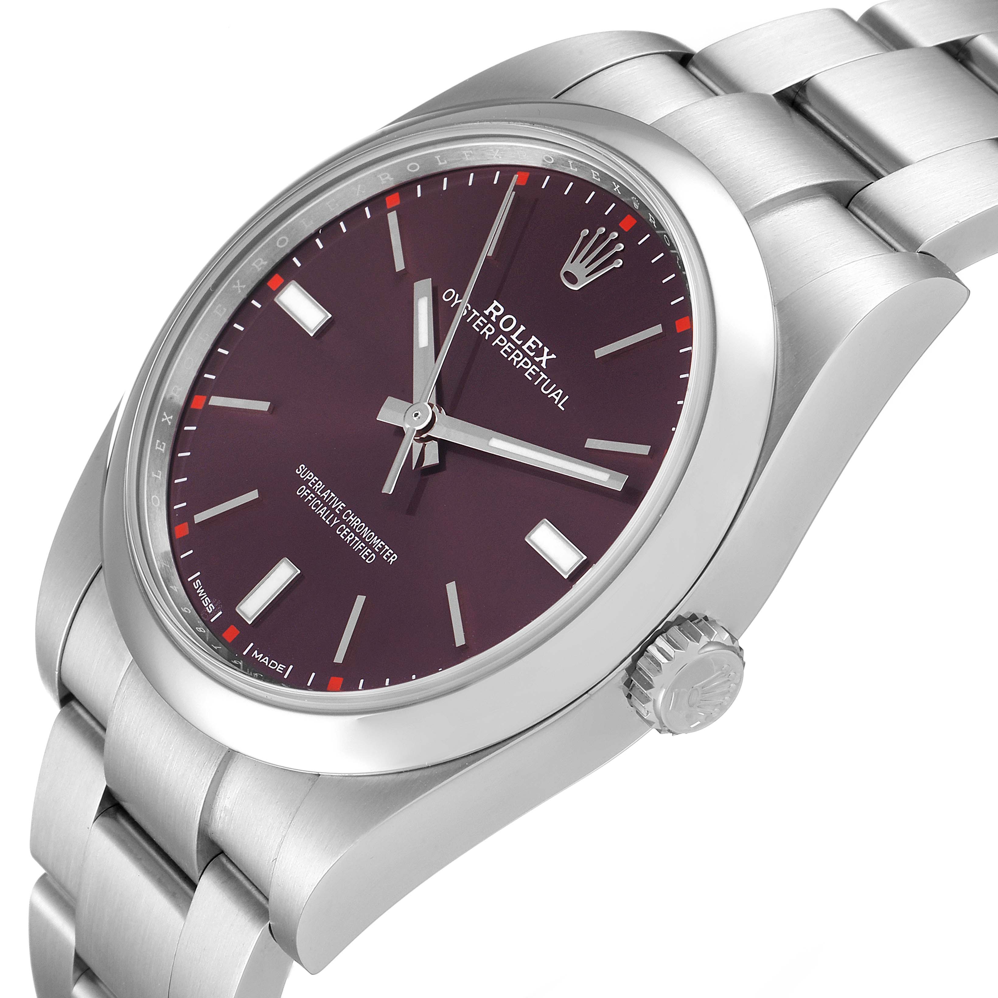 The image shows a Rolex Oyster Perpetual 114300 Men's Stainless Steel Burgundy Dial 114300 Men's Stainless Steel Burgundy Dial watch at an angled side view, displaying its face, crown, and part of the bracelet.