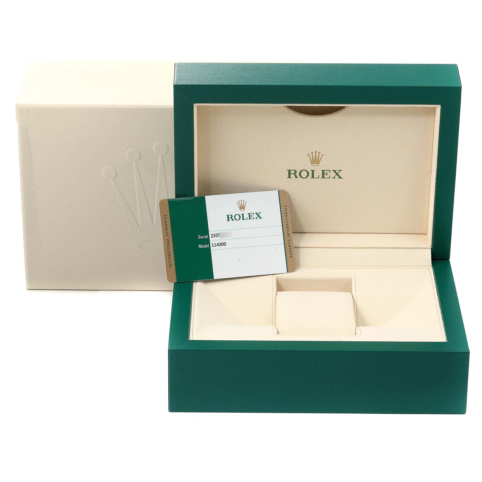 This image shows the packaging, including the box and warranty card, for a Rolex Oyster Perpetual 114300 Men's Stainless Steel Burgundy Dial 114300 Men's Stainless Steel Burgundy Dial watch.