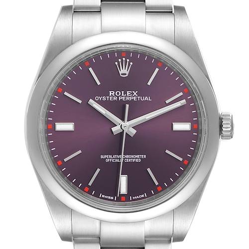 Photo of Rolex Oyster Perpetual Red Grape Dial Steel Mens Watch 114300 Box Card