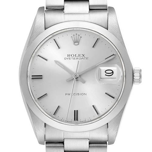 The Rolex Vintage Collection watch is shown from the front, displaying the dial, hands, date window, and partial bracelet.