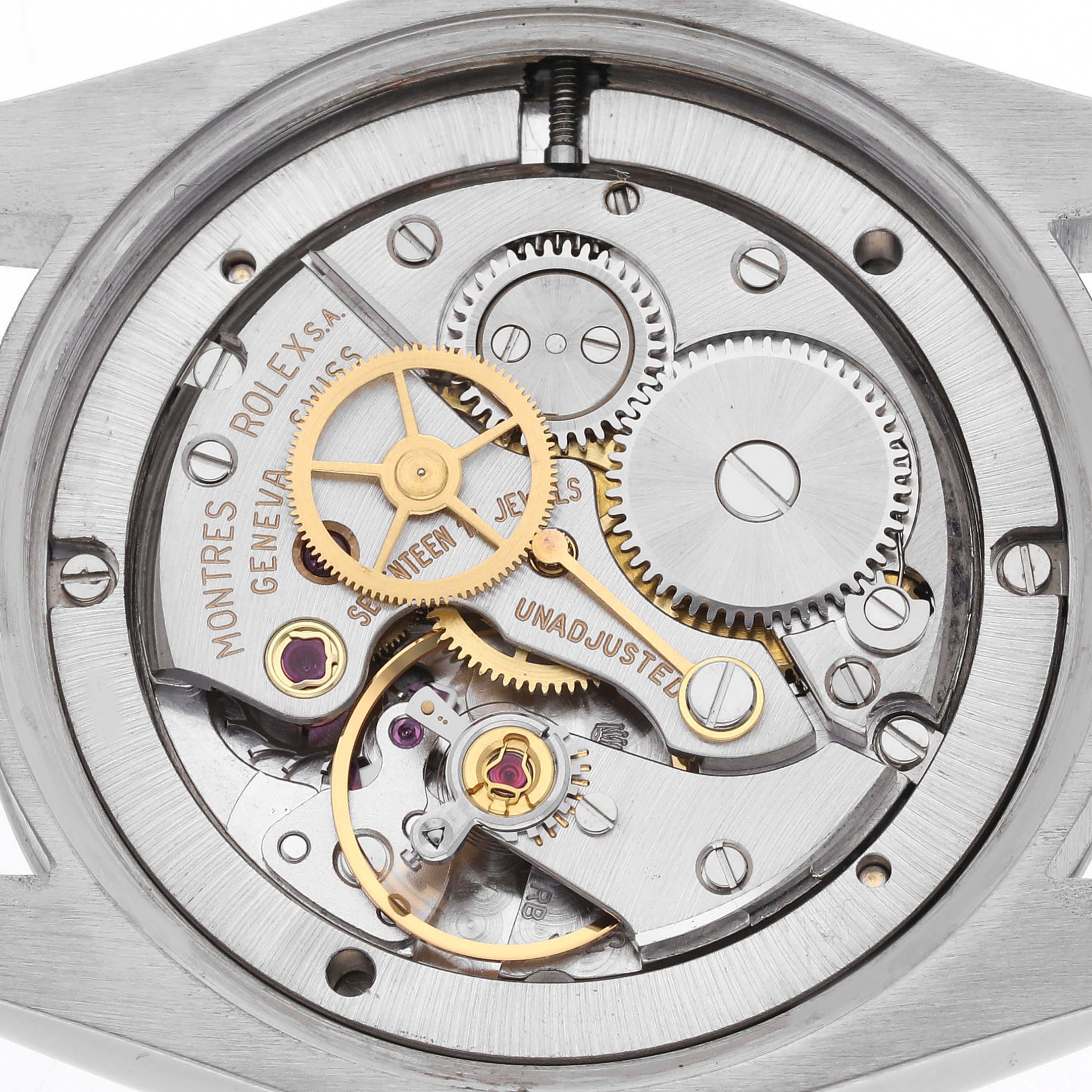 The image shows the inner mechanical movement of a Rolex Vintage Collection 6694 Men's Stainless Steel Silver Dial 6694 Men's Stainless Steel Silver Dial watch from a top-down angle.