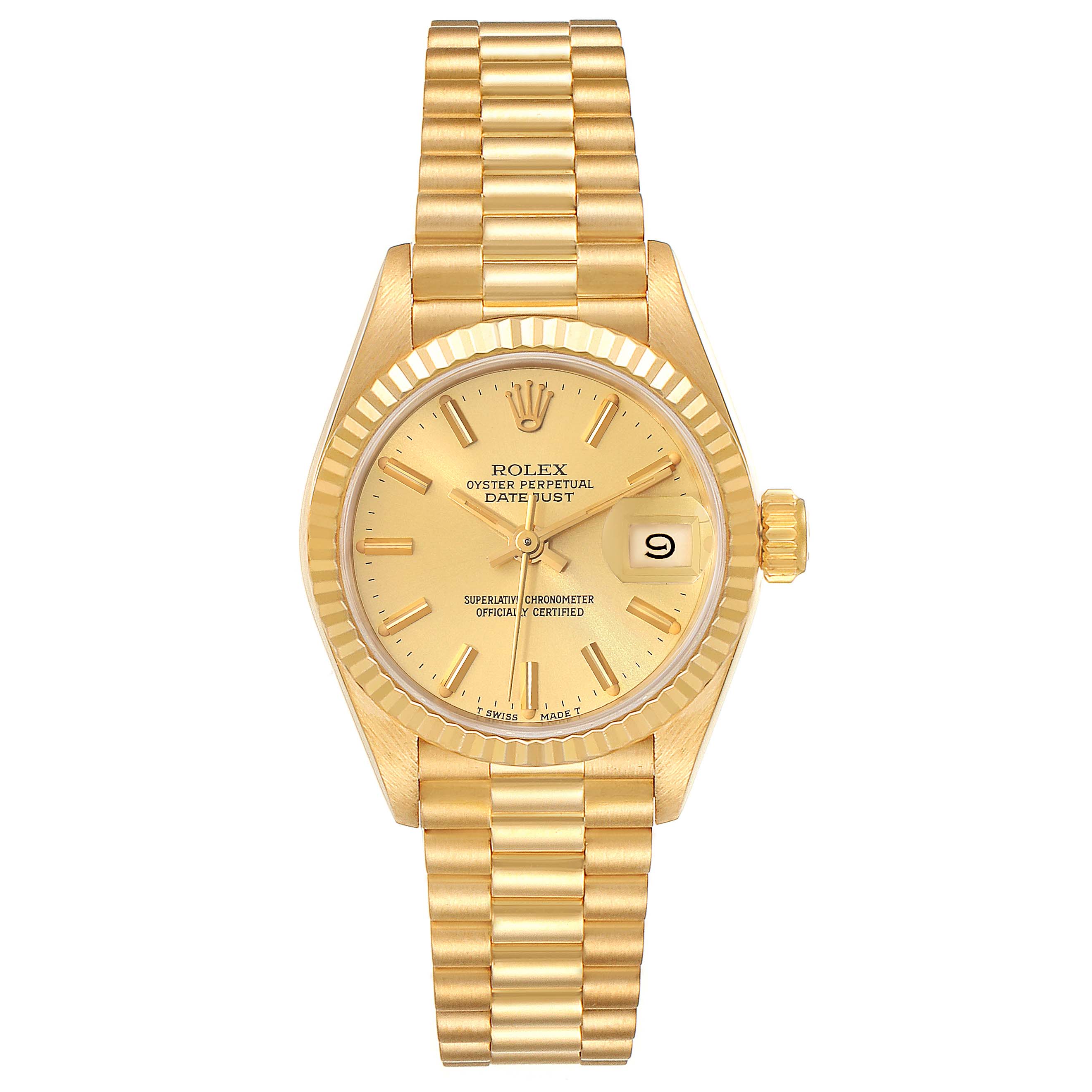 This image shows a front view of the Rolex President 69178 Women's Yellow Gold Champagne Dial 69178 Women's Yellow Gold Champagne Dial wristwatch, displaying the dial, hands, bezel, crown, and bracelet.