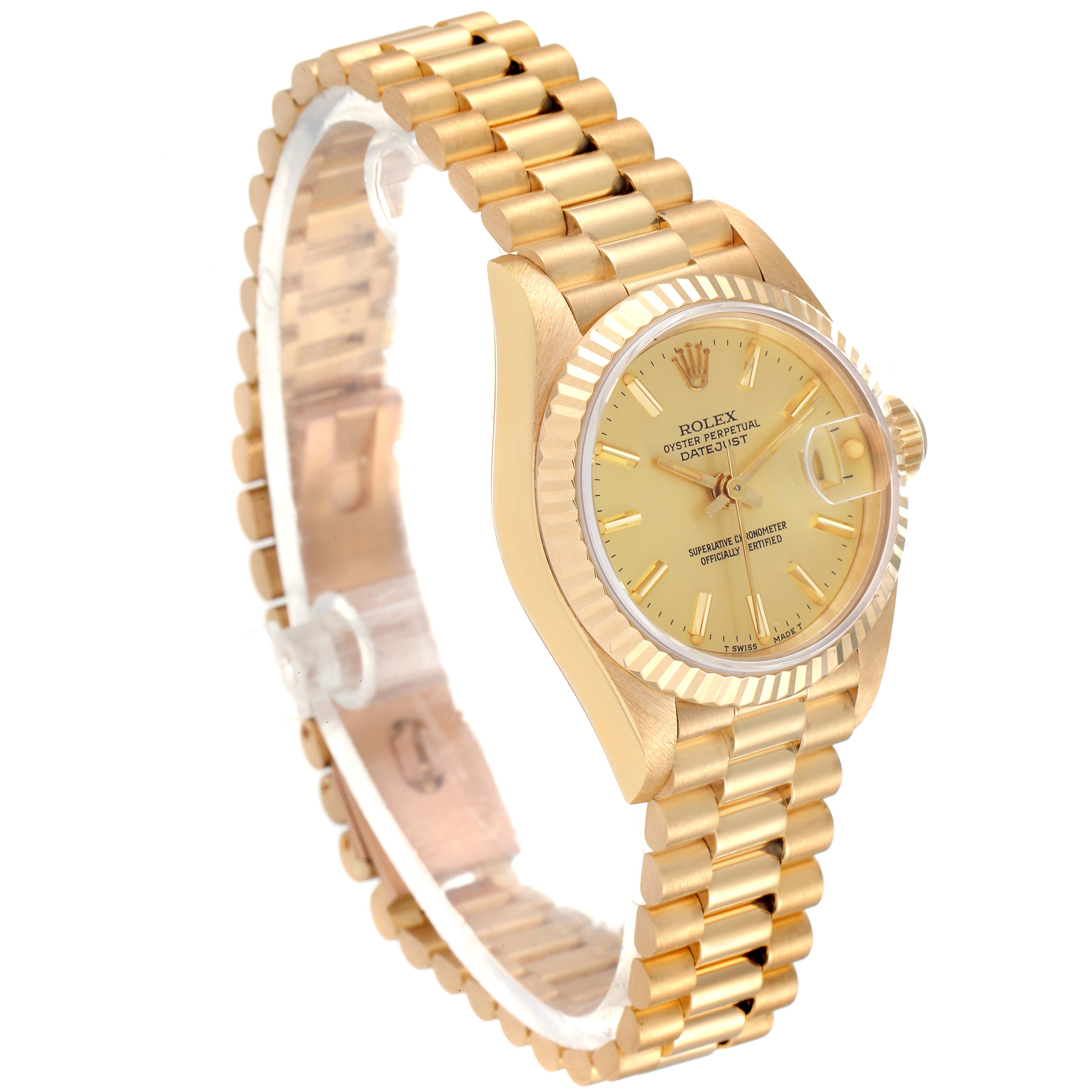 The image shows a side angle of a Rolex President 69178 Women's Yellow Gold Champagne Dial 69178 Women's Yellow Gold Champagne Dial model watch, highlighting the bracelet, case, bezel, and dial.