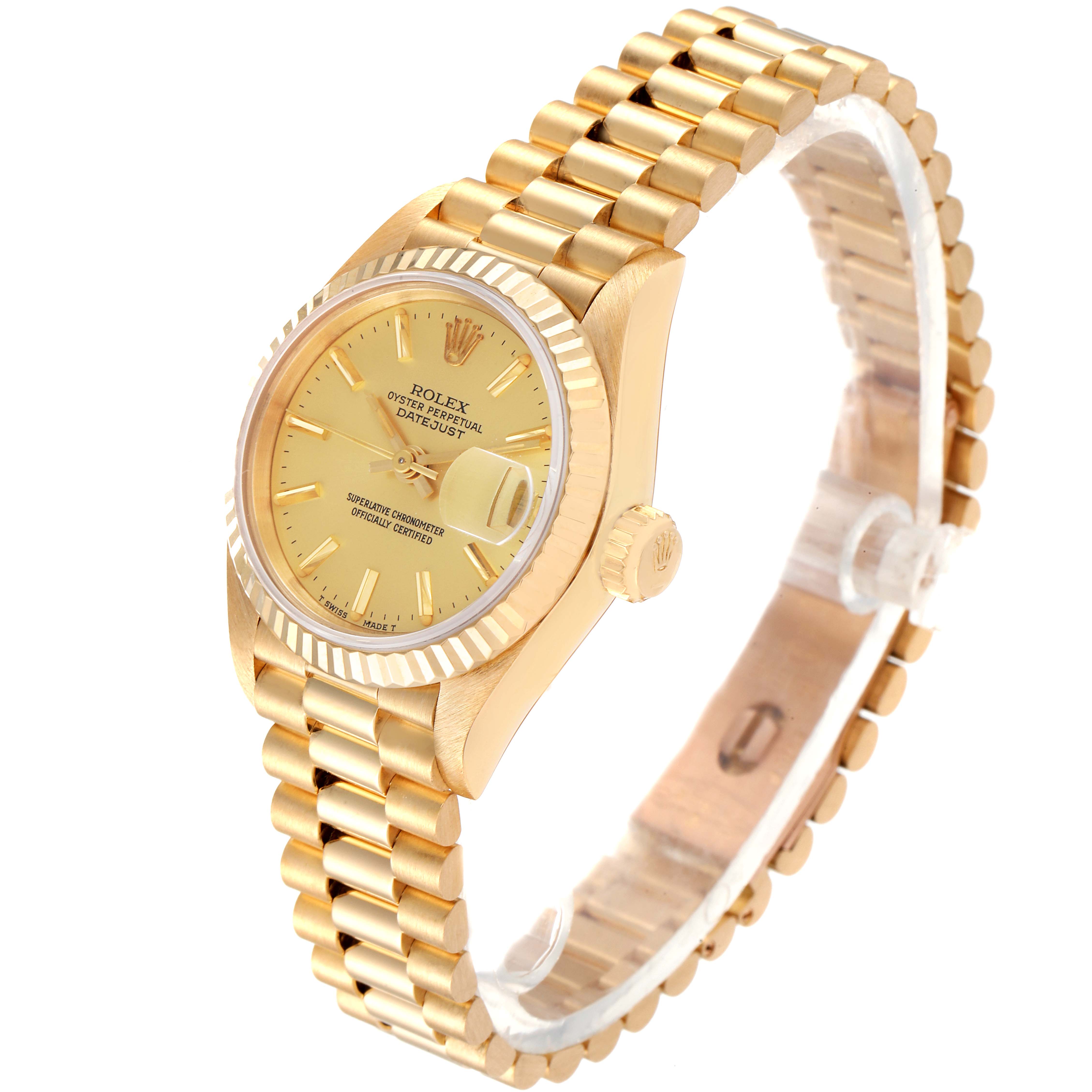 This image shows a Rolex President 69178 Women's Yellow Gold Champagne Dial 69178 Women's Yellow Gold Champagne Dial model watch at an angle highlighting the watch face, crown, and bracelet.