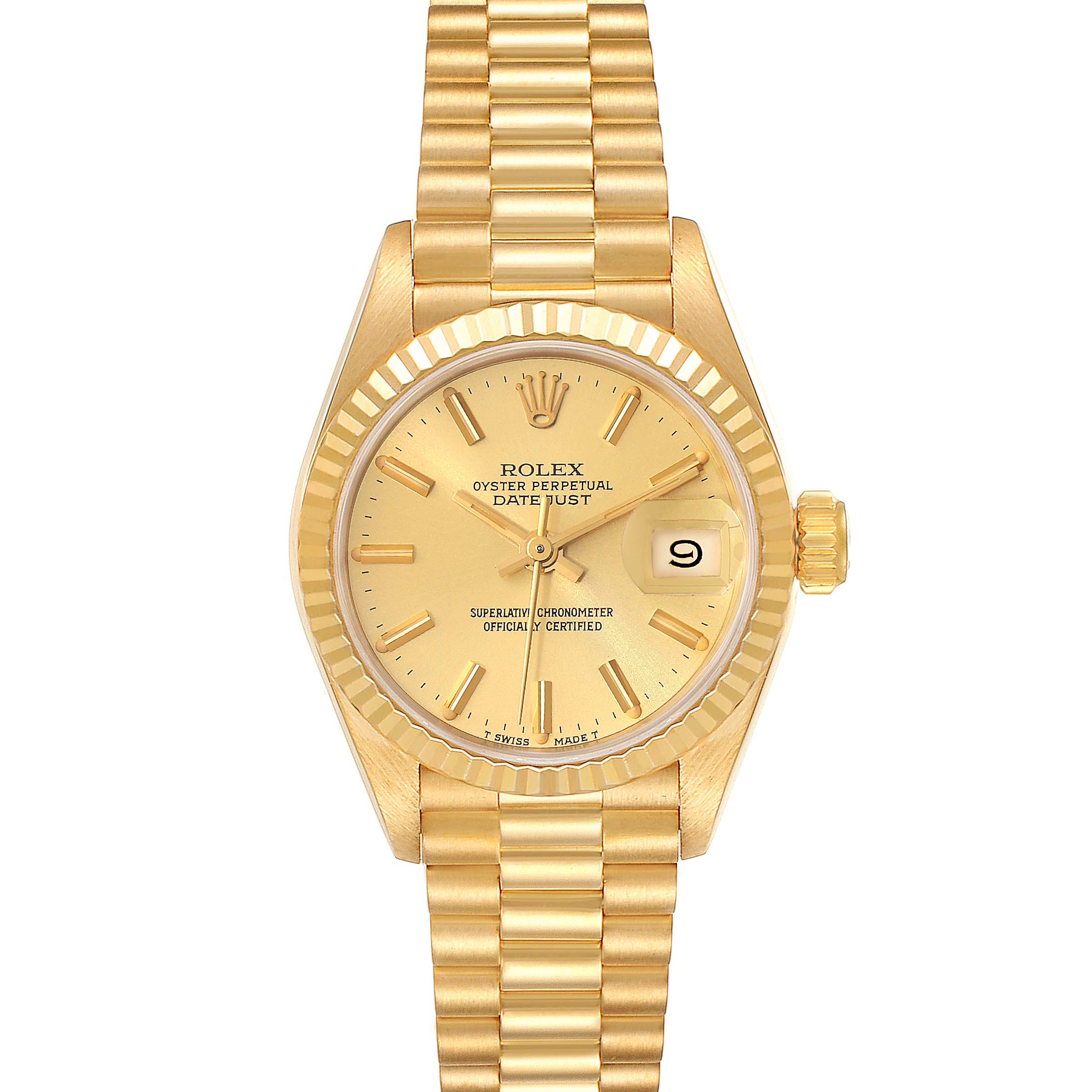 This image shows a front view of the Rolex President 69178 Women's Yellow Gold Champagne Dial 69178 Women's Yellow Gold Champagne Dial model watch, featuring its dial, bezel, bracelet, and crown.
