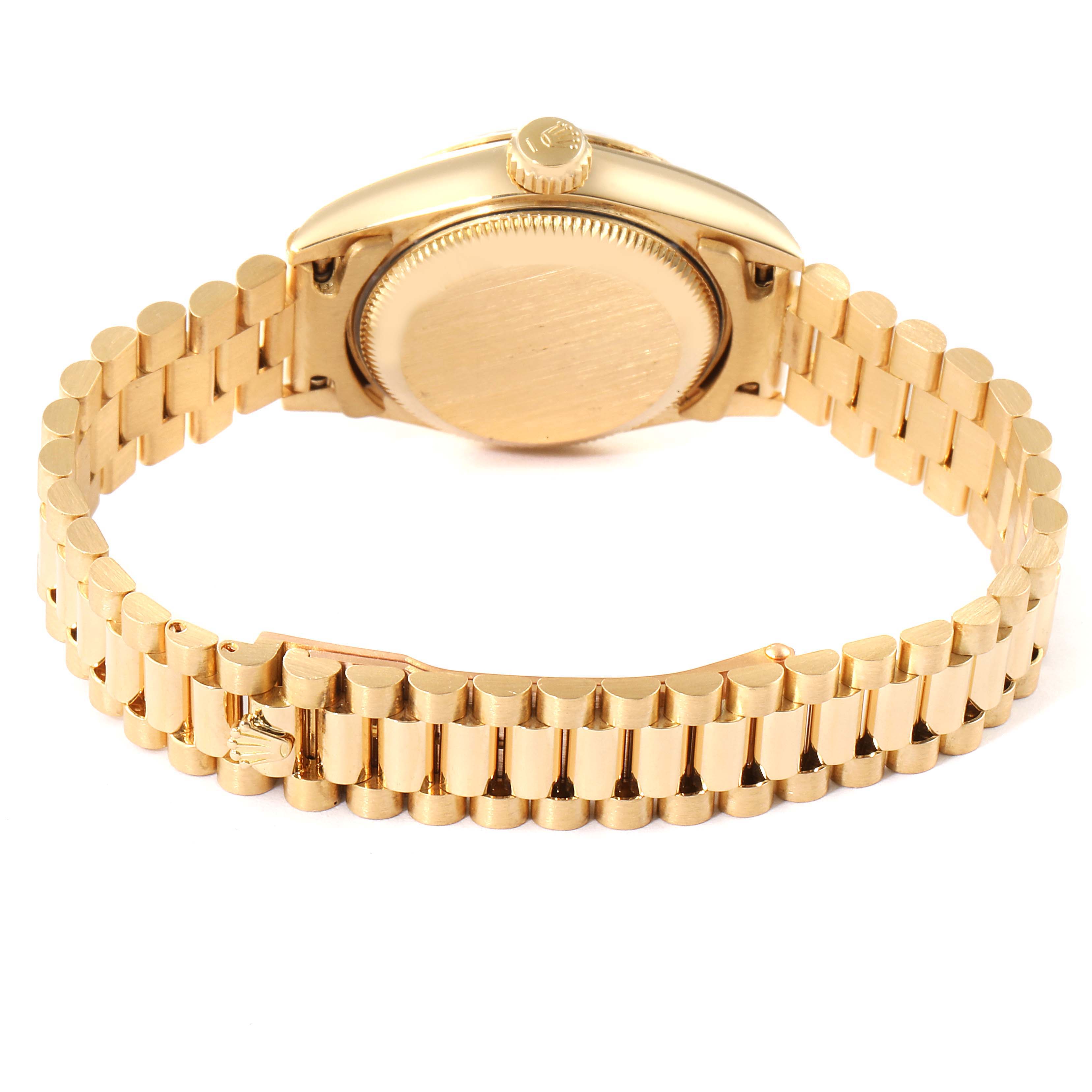 This image shows the back and bracelet of a Rolex President 69178 Women's Yellow Gold Champagne Dial 69178 Women's Yellow Gold Champagne Dial model watch, emphasizing the gold band and case-back.