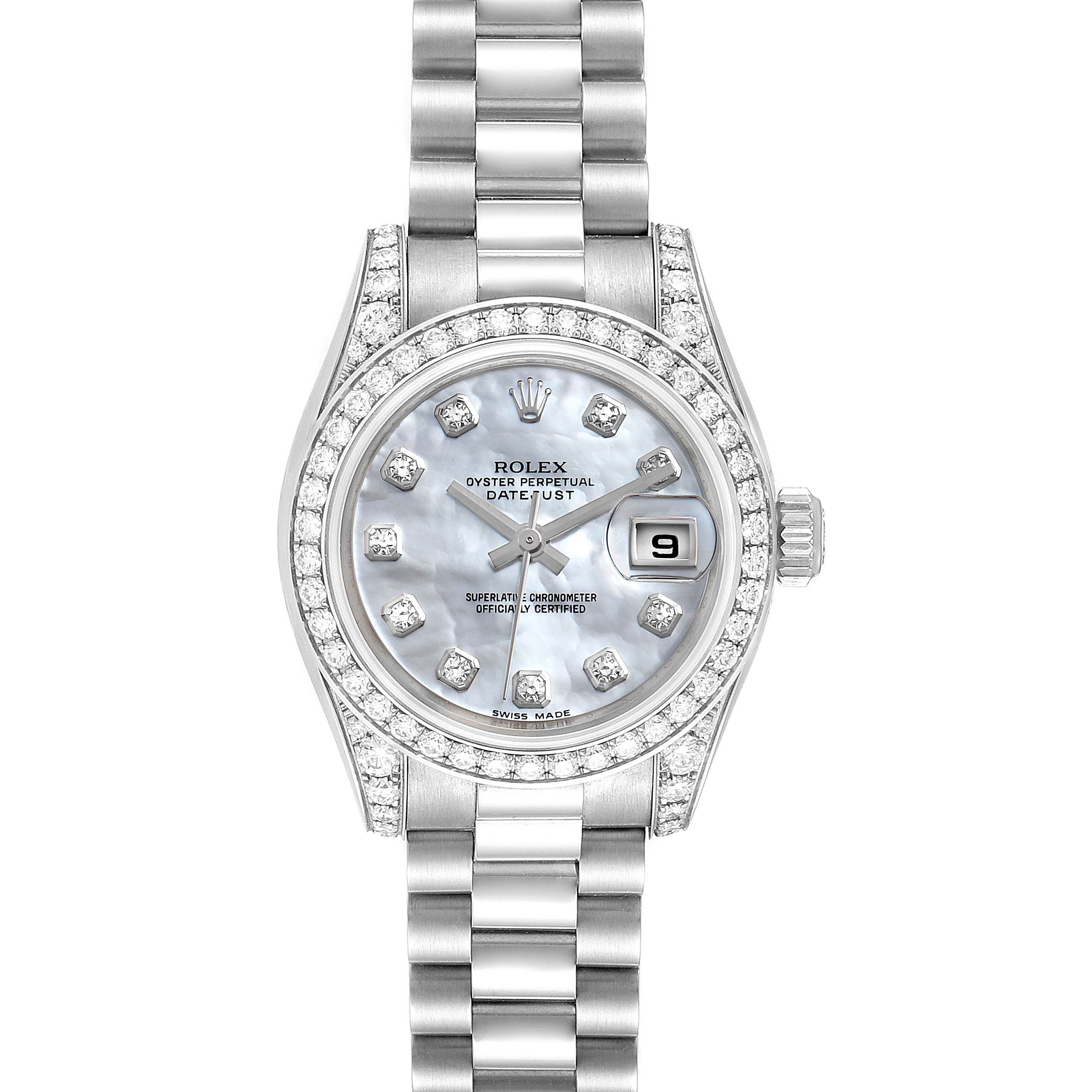 The Rolex President 179159 Women's White Gold Mother of Pearl Dial 179159 Women's White Gold Mother of Pearl Dial model watch is shown from a top view, highlighting the dial, bezel, bracelet, and date window.