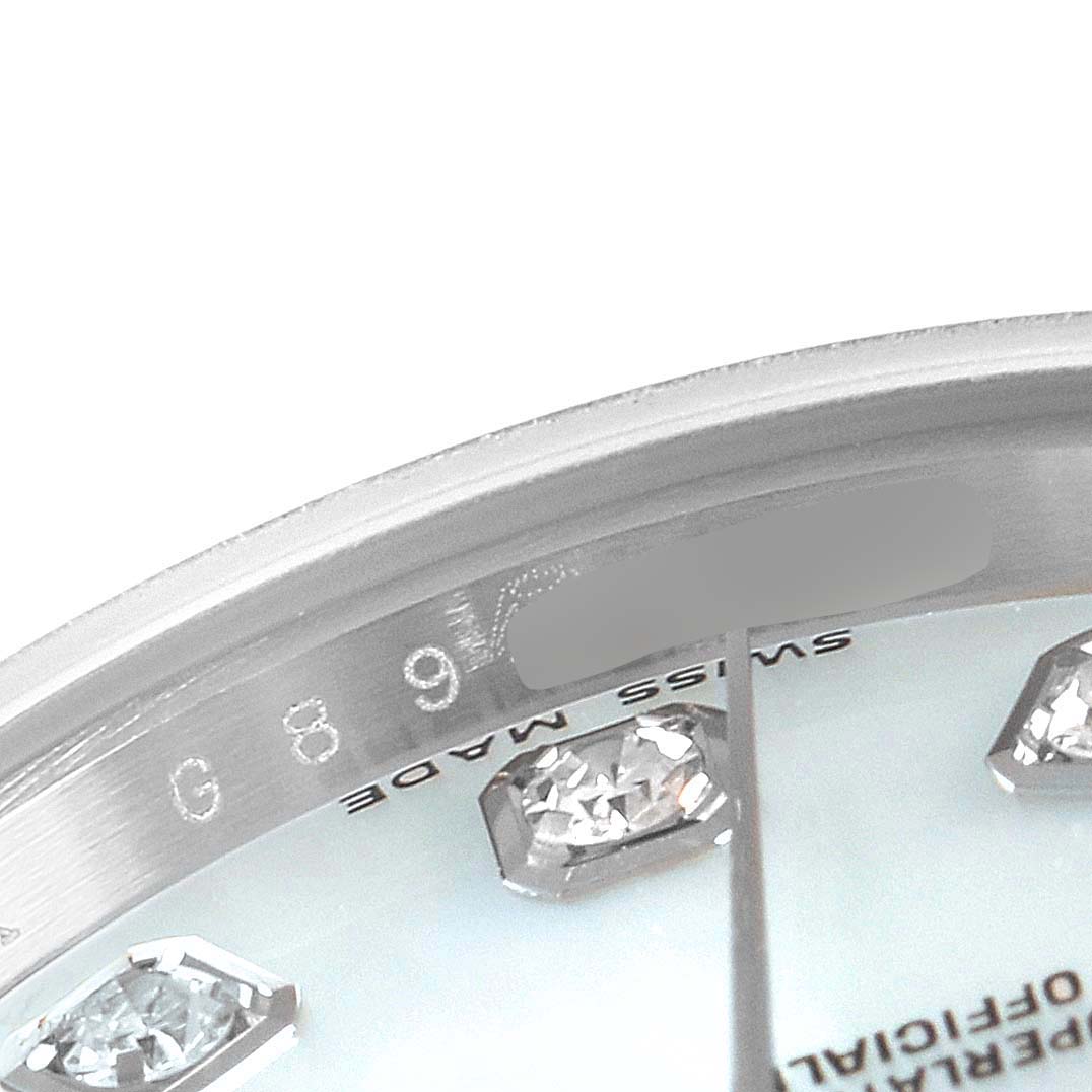This image shows a close-up angle of a Rolex President 179159 Women's White Gold Mother of Pearl Dial 179159 Women's White Gold Mother of Pearl Dial watch, focusing on the edge of the dial and diamonds, with "Swiss Made" visible.
