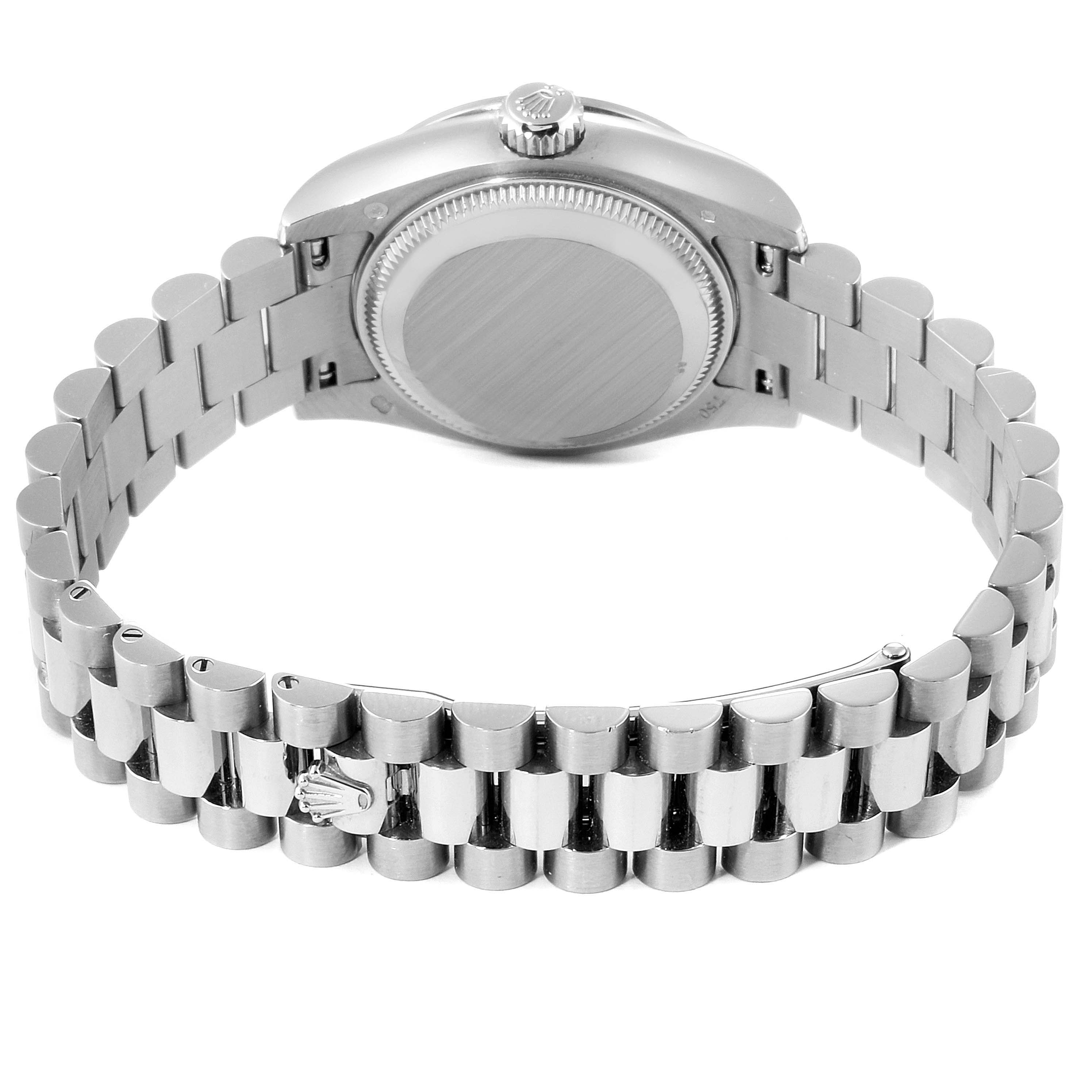 The image shows the back of the Rolex President 179159 Women's White Gold Mother of Pearl Dial 179159 Women's White Gold Mother of Pearl Dial model watch, highlighting the case back and bracelet with the clasp.