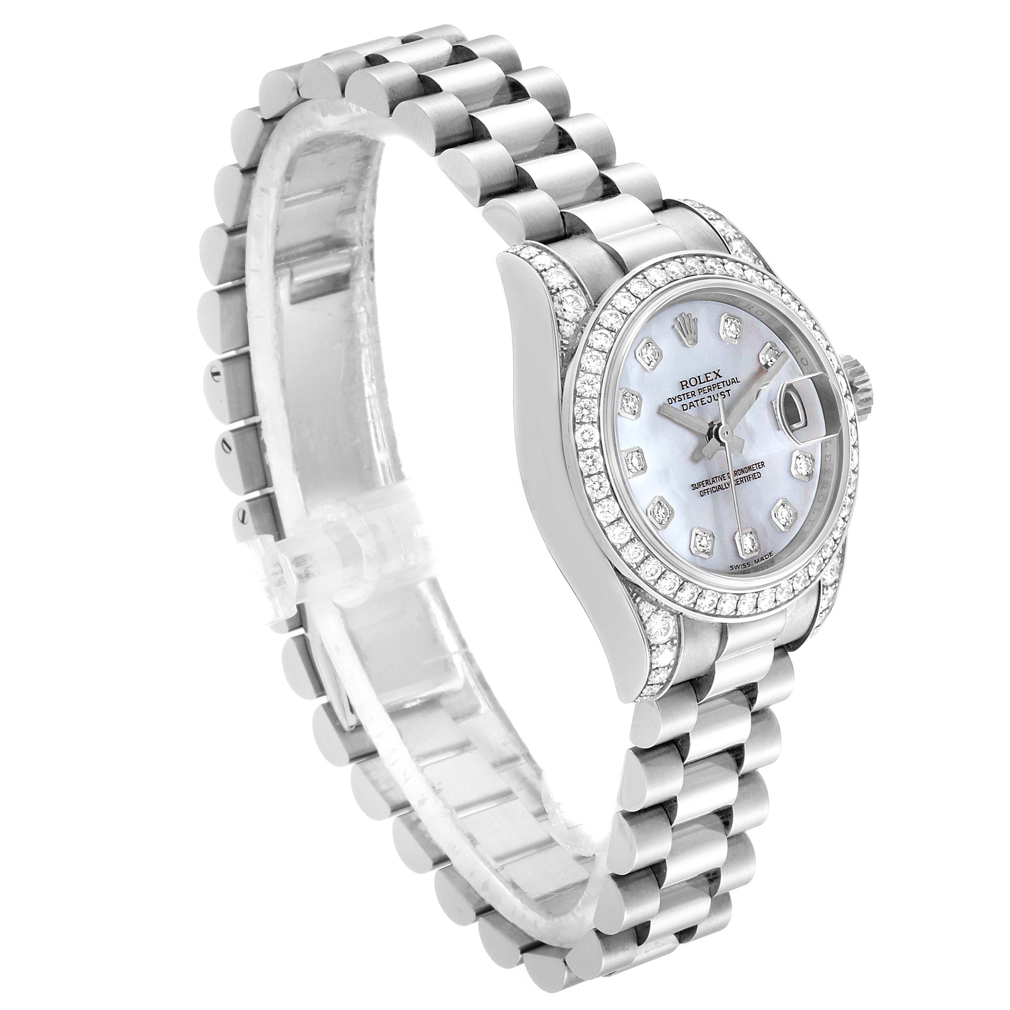 The image shows a Rolex President 179159 Women's White Gold Mother of Pearl Dial 179159 Women's White Gold Mother of Pearl Dial model watch from a side angle, highlighting its bracelet, bezel, dial, and crown.