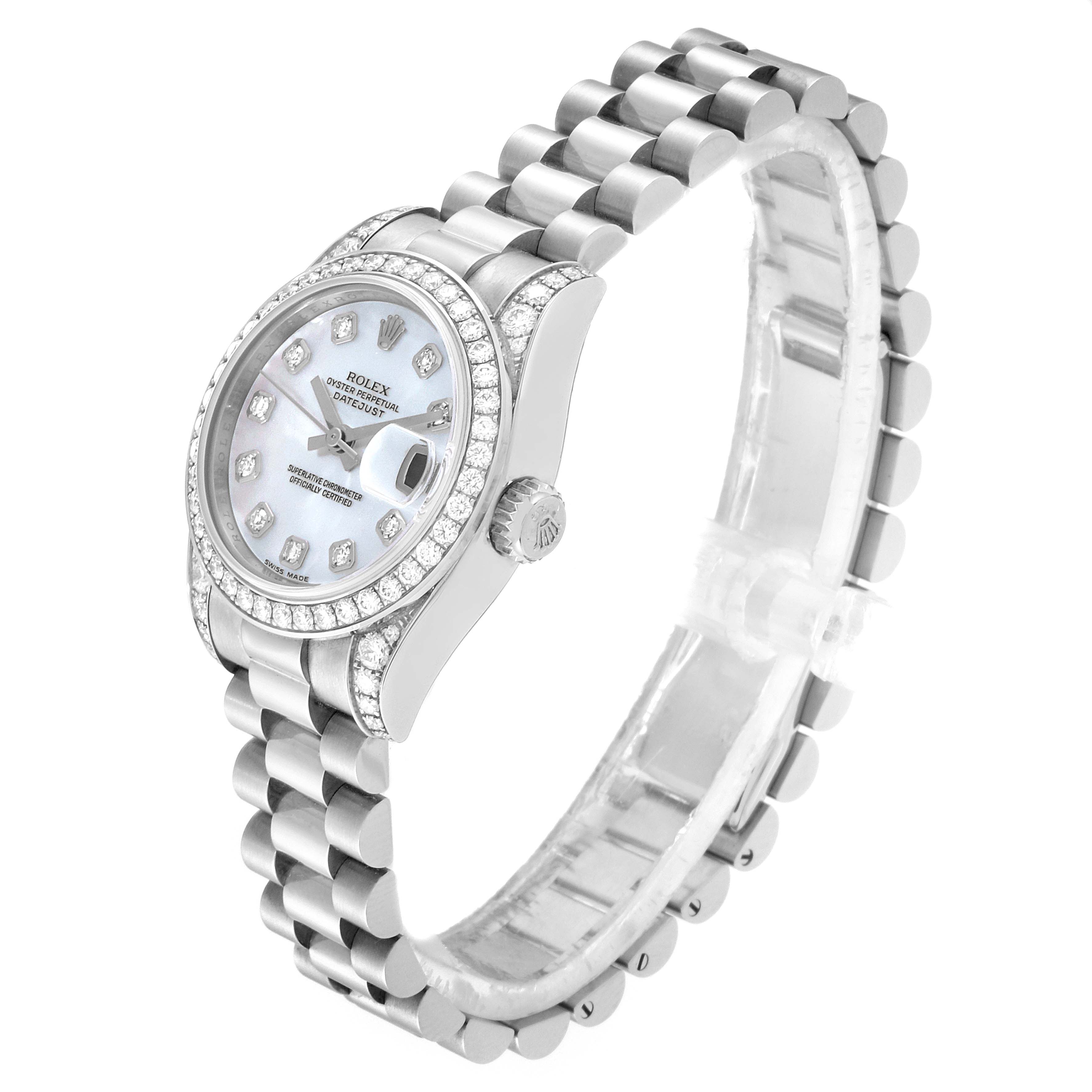 This image shows a side angle of a Rolex President 179159 Women's White Gold Mother of Pearl Dial 179159 Women's White Gold Mother of Pearl Dial model watch, highlighting the face, bezel, and bracelet.