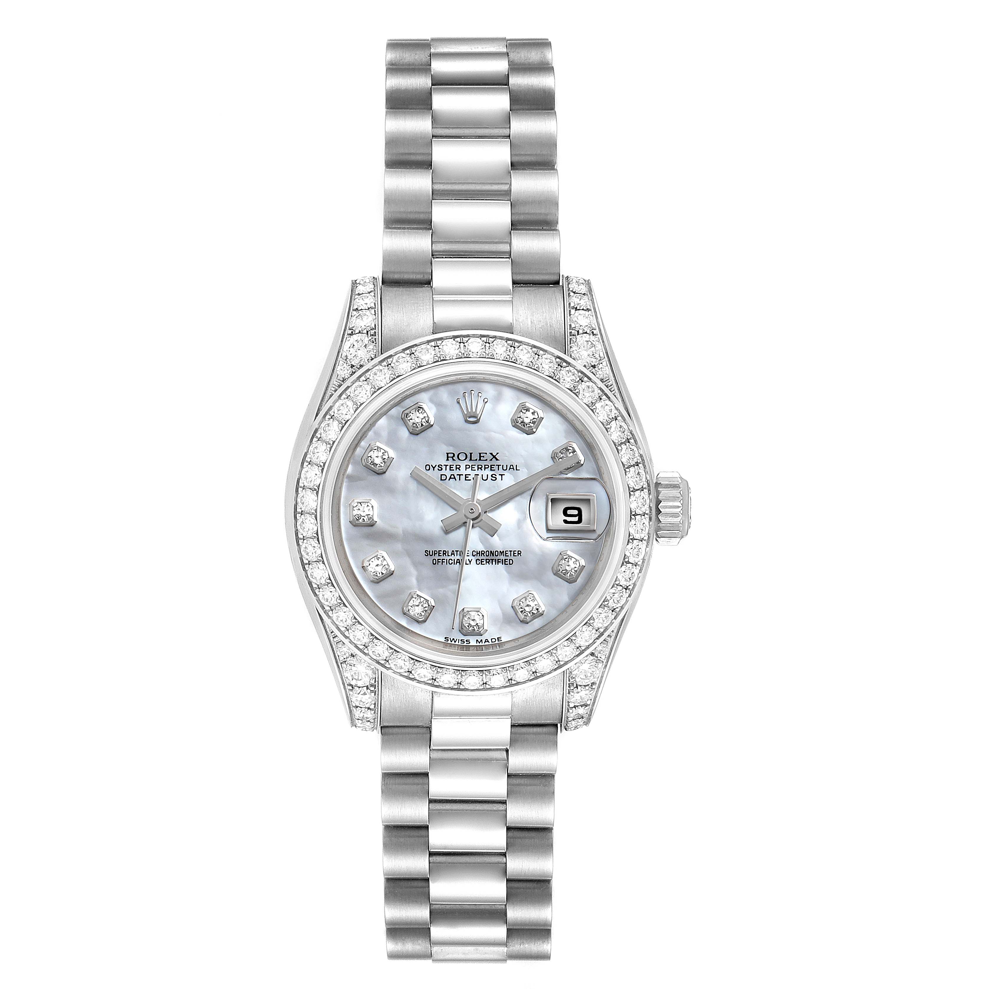 This image shows a front view of a Rolex President 179159 Women's White Gold Mother of Pearl Dial 179159 Women's White Gold Mother of Pearl Dial model watch, featuring its face, bezel, and bracelet.