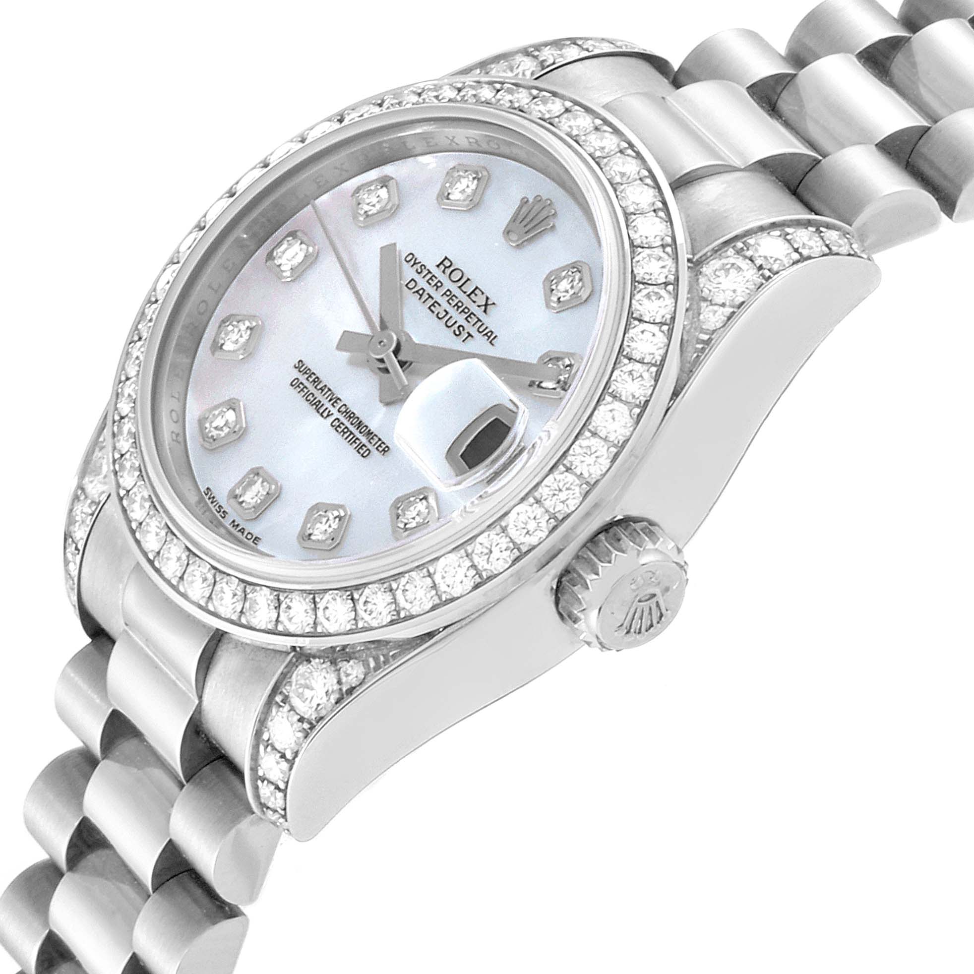 The image shows a side angle of the Rolex President 179159 Women's White Gold Mother of Pearl Dial 179159 Women's White Gold Mother of Pearl Dial model, highlighting its diamond bezel, dial, and part of its bracelet.