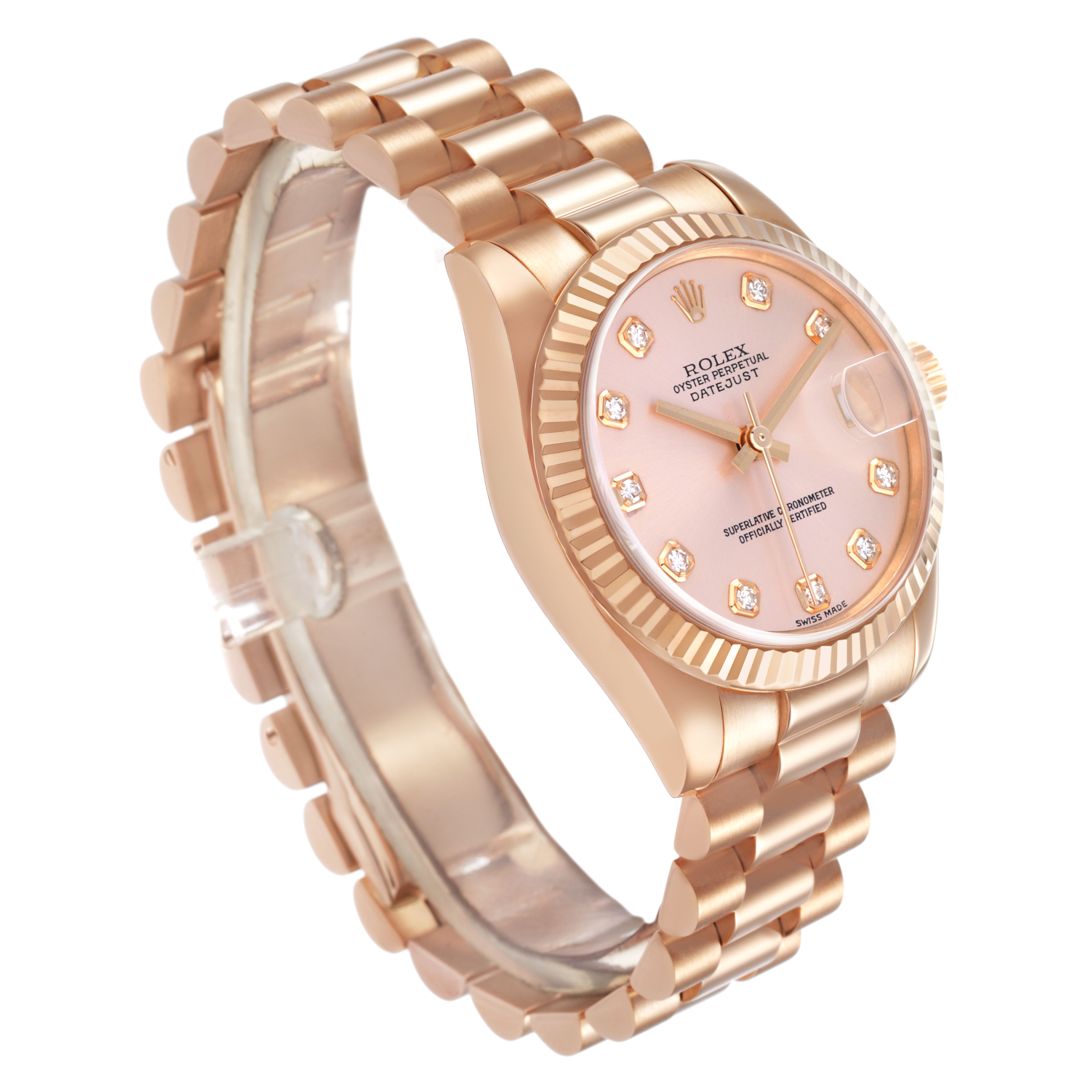 The Rolex President 178275 Women's Rose Gold Pink Dial watch is shown at a three-quarter angle, highlighting its dial, fluted bezel, and bracelet.