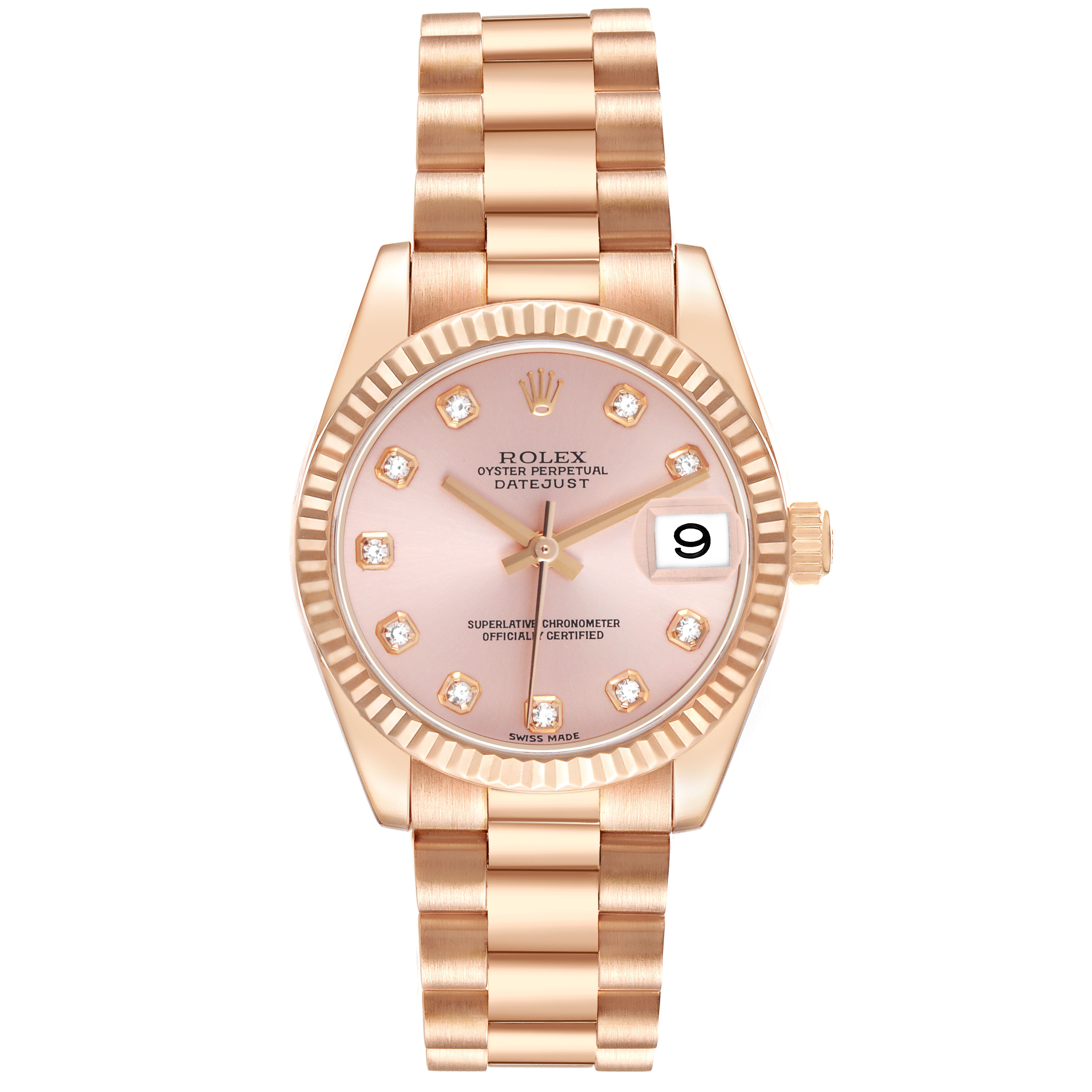 The image shows a frontal view of the Rolex President 178275 Women's Rose Gold Pink Dial model, highlighting its pink dial, diamond hour markers, and fluted bezel.