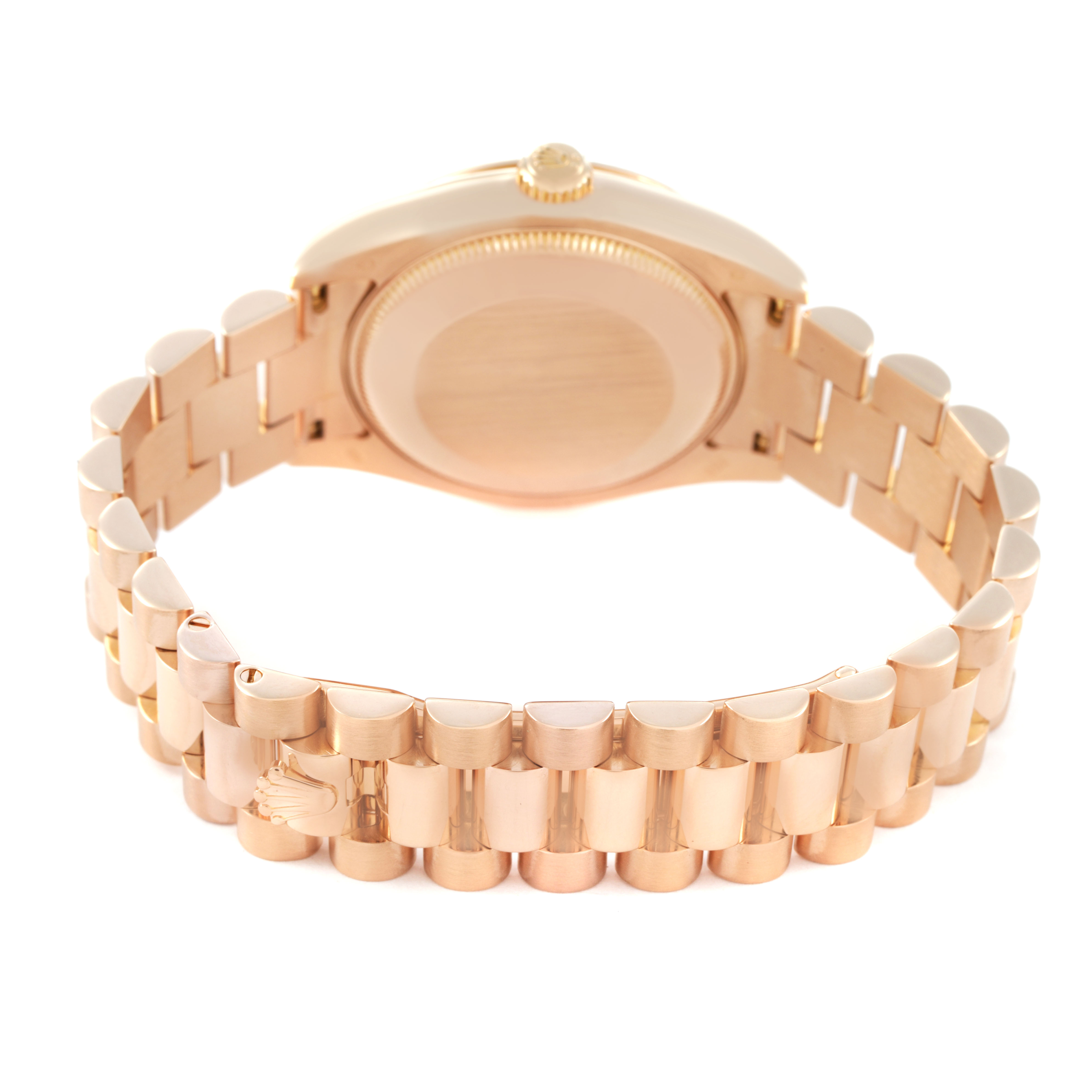 The Rolex President 178275 Women's Rose Gold Pink Dial model watch is shown from the back, featuring the bracelet and underside of the case.
