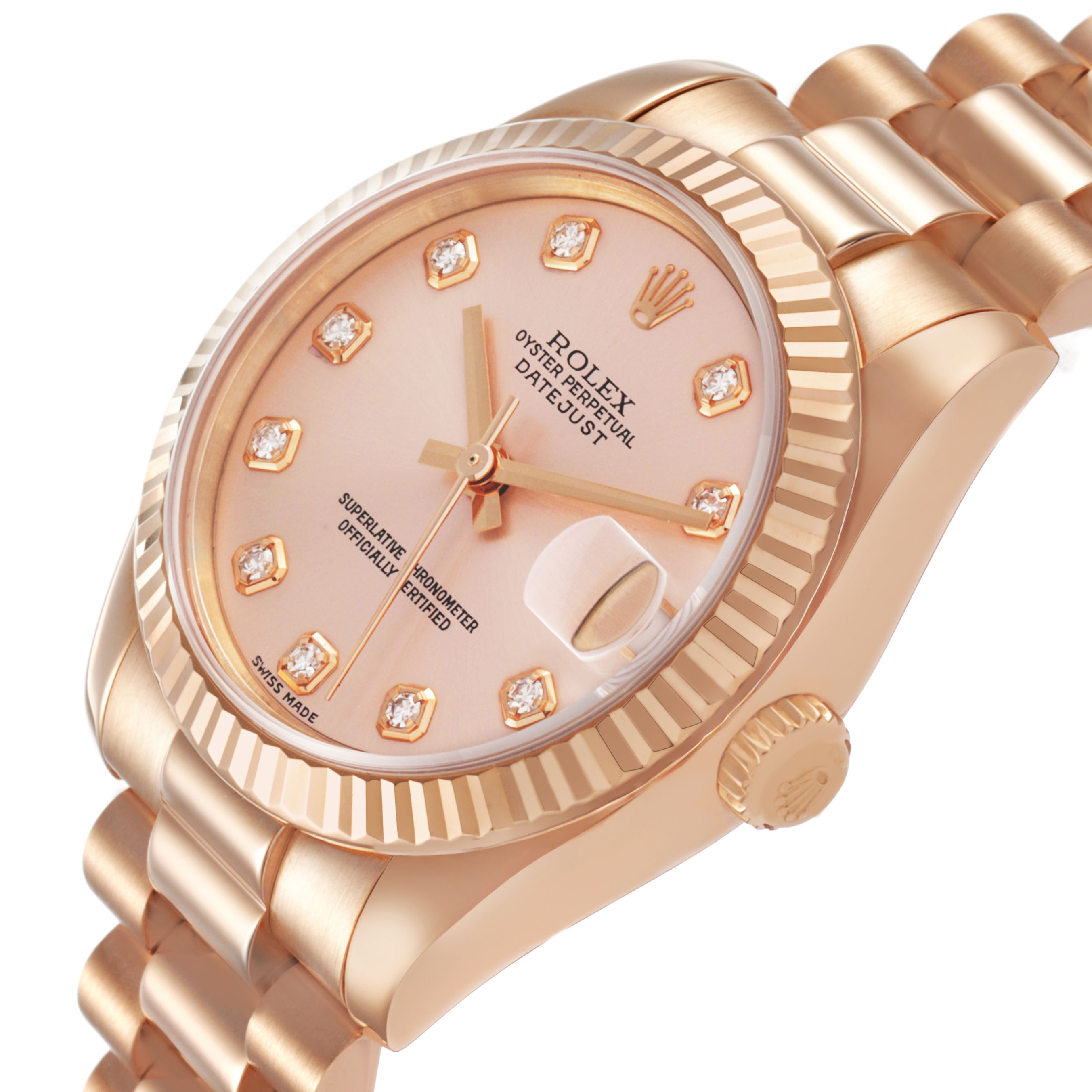 The Rolex President 178275 Women's Rose Gold Pink Dial model watch is shown at a slight angle, highlighting the pink dial, diamond hour markers, fluted bezel, and bracelet.