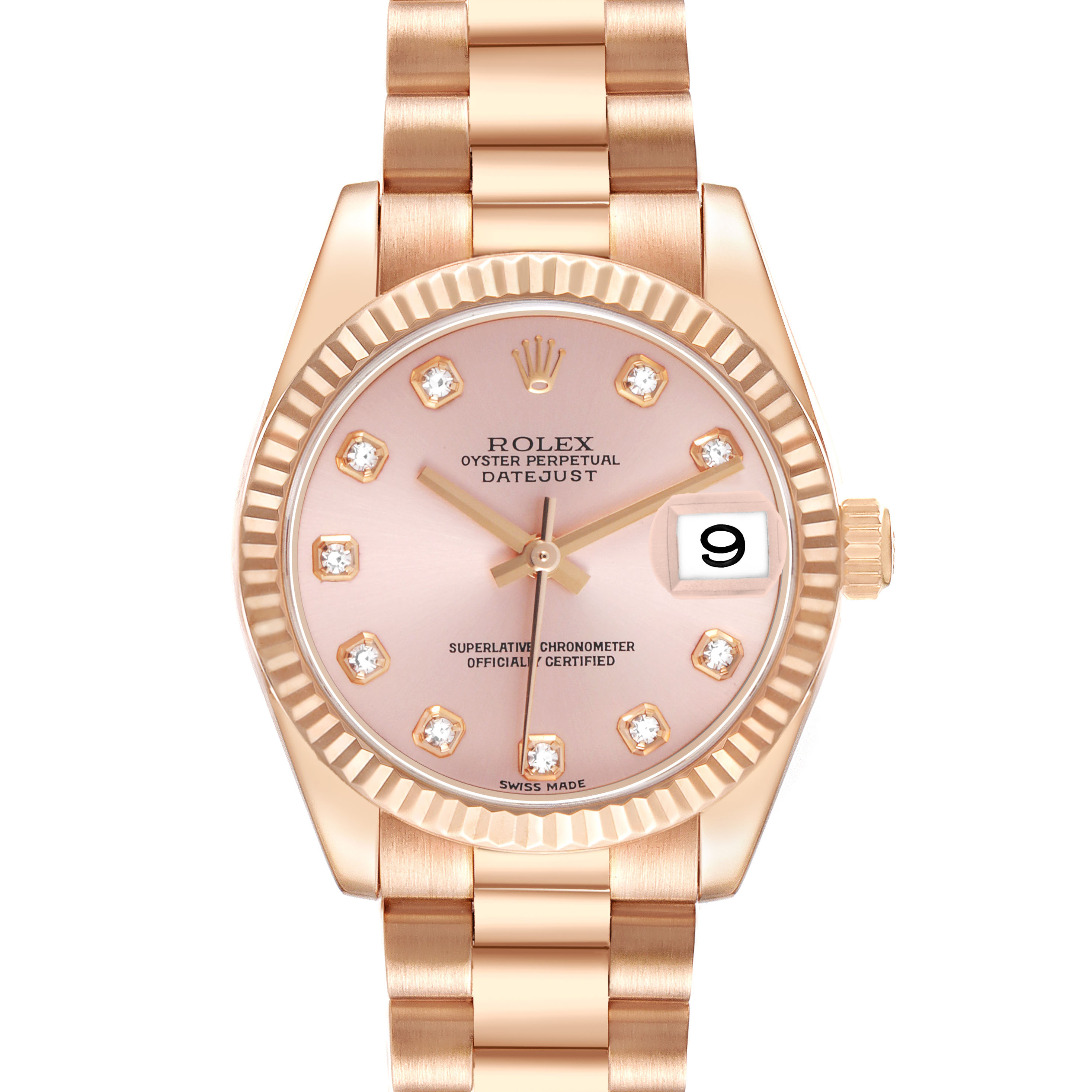 The Rolex President 178275 Women's Rose Gold Pink Dial model is shown from the front, highlighting the dial, hands, date window, and bracelet.
