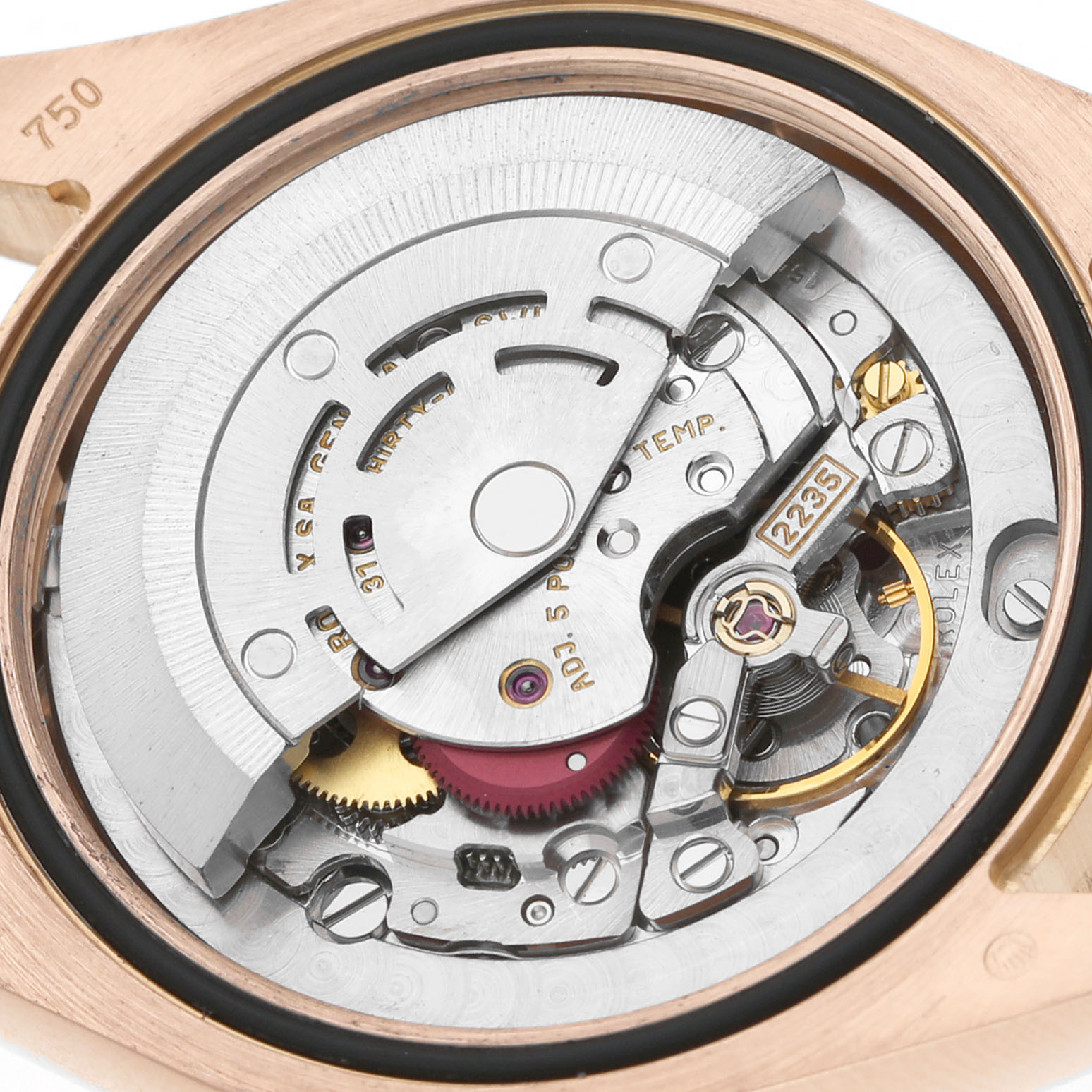 The image shows the movement and internal mechanism of a Rolex President 178275 Women's Rose Gold Pink Dial watch from a back view angle.