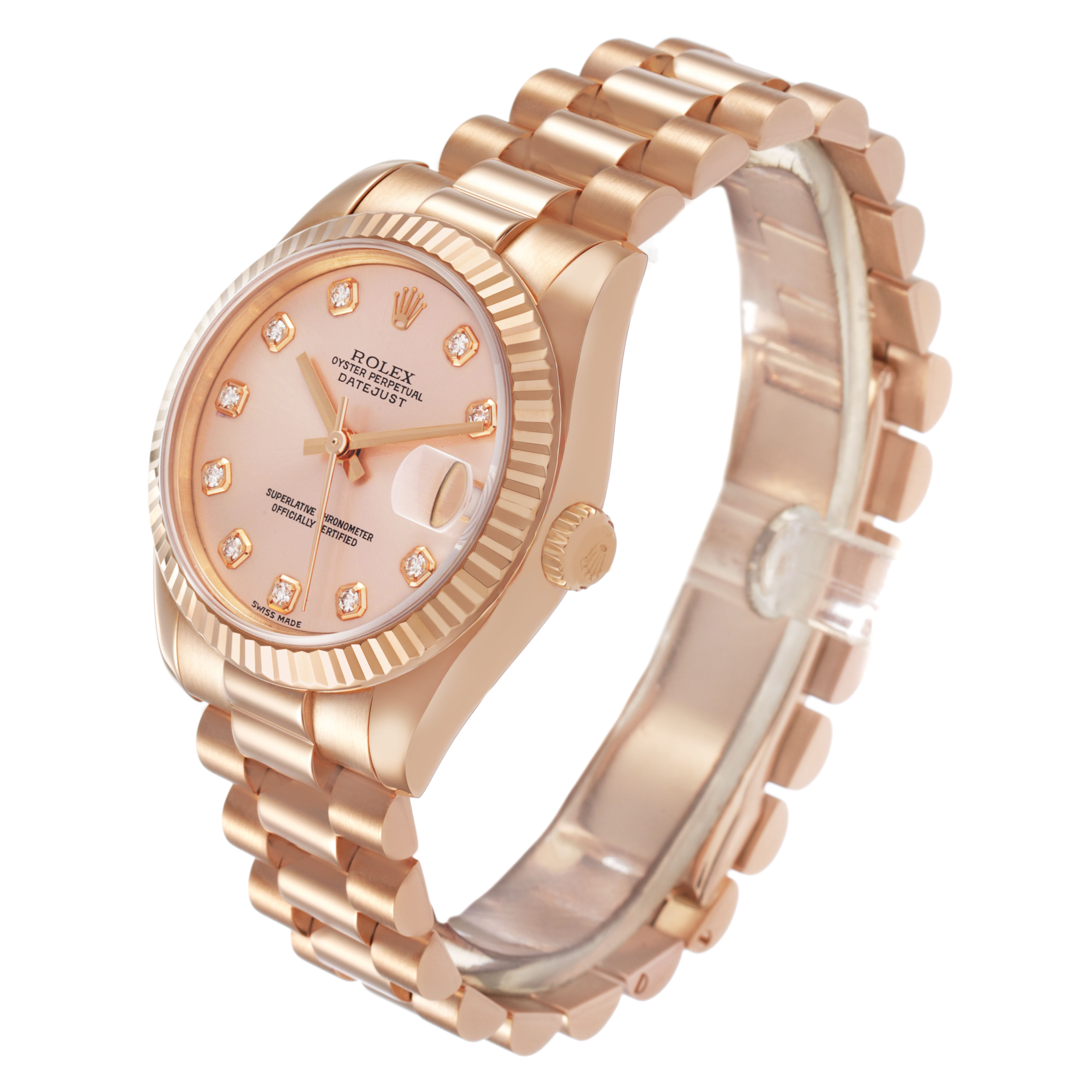 The Rolex President 178275 Women's Rose Gold Pink Dial model watch is shown at a slight side angle, highlighting the face, bezel, and bracelet.