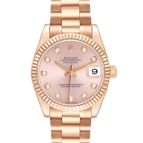 The Rolex President 178275 Women's Rose Gold Pink Dial model is shown from the front, highlighting its pink dial, diamond markers, fluted bezel, and champagne bracelet.