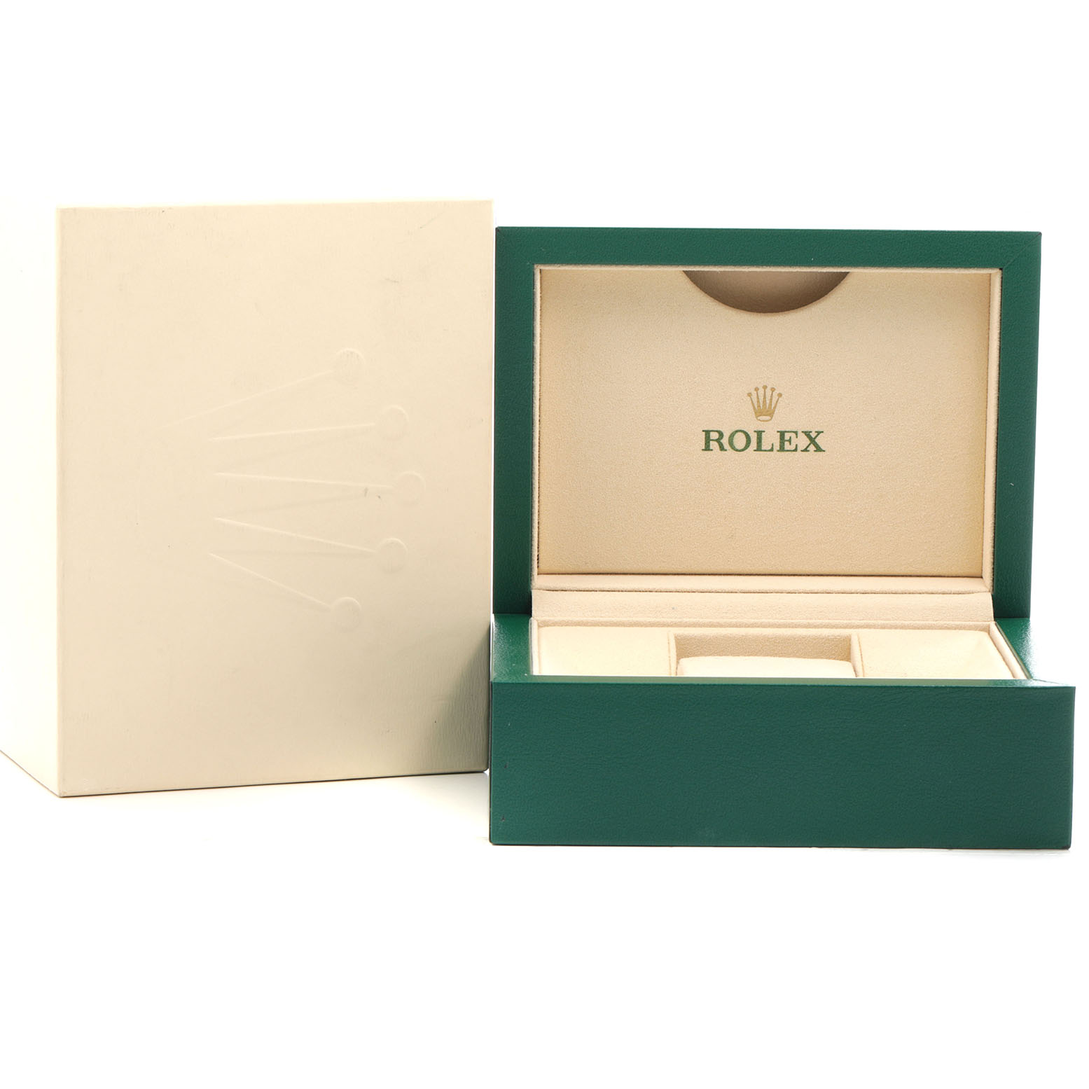 The image shows a Rolex President 178275 Women's Rose Gold Pink Dial model watch box and exterior packaging in an open position.