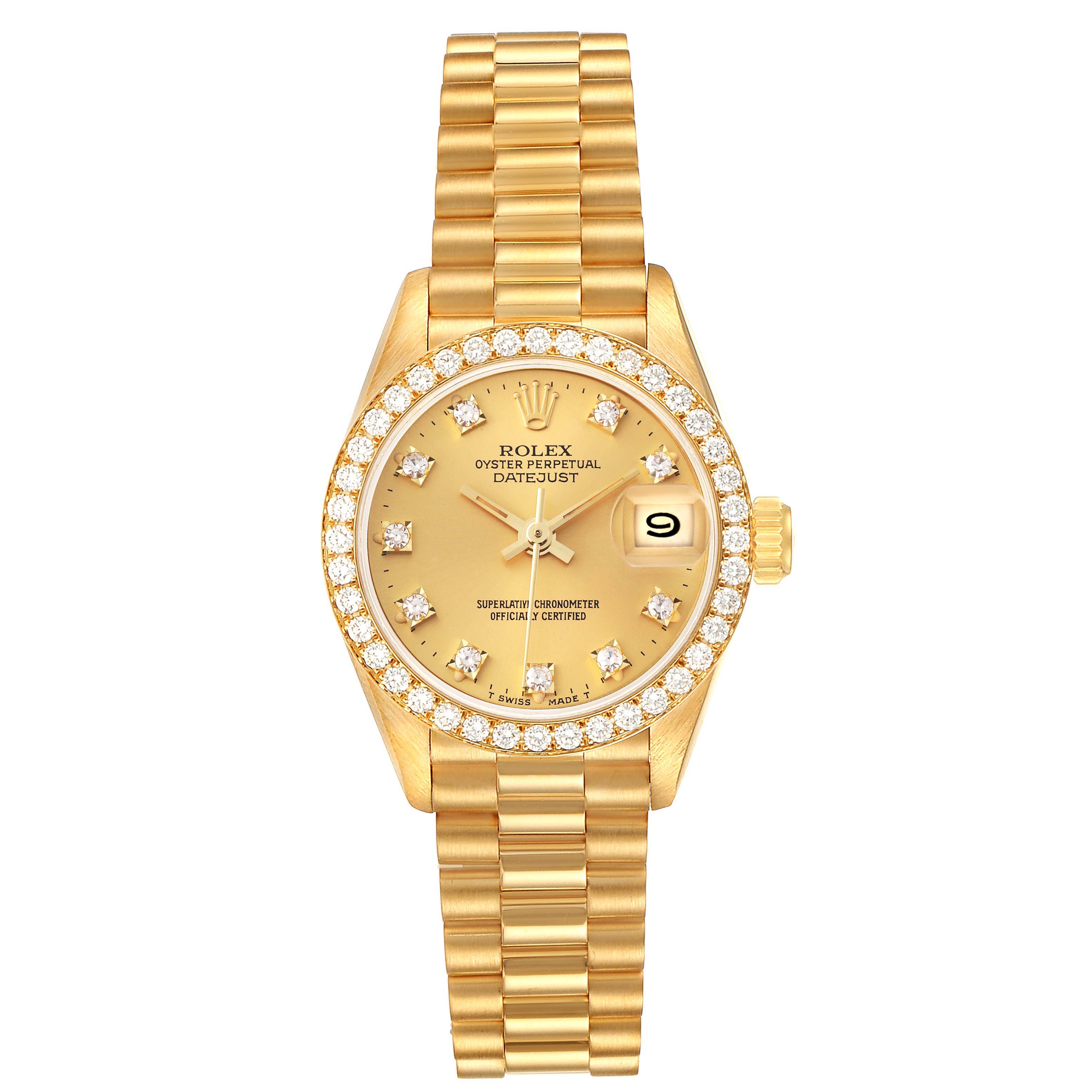 The image shows a Rolex President 69138 Women's Yellow Gold Champagne Dial 69138 Women's Yellow Gold Champagne Dial model watch front view, displaying the dial, bezel, and bracelet.
