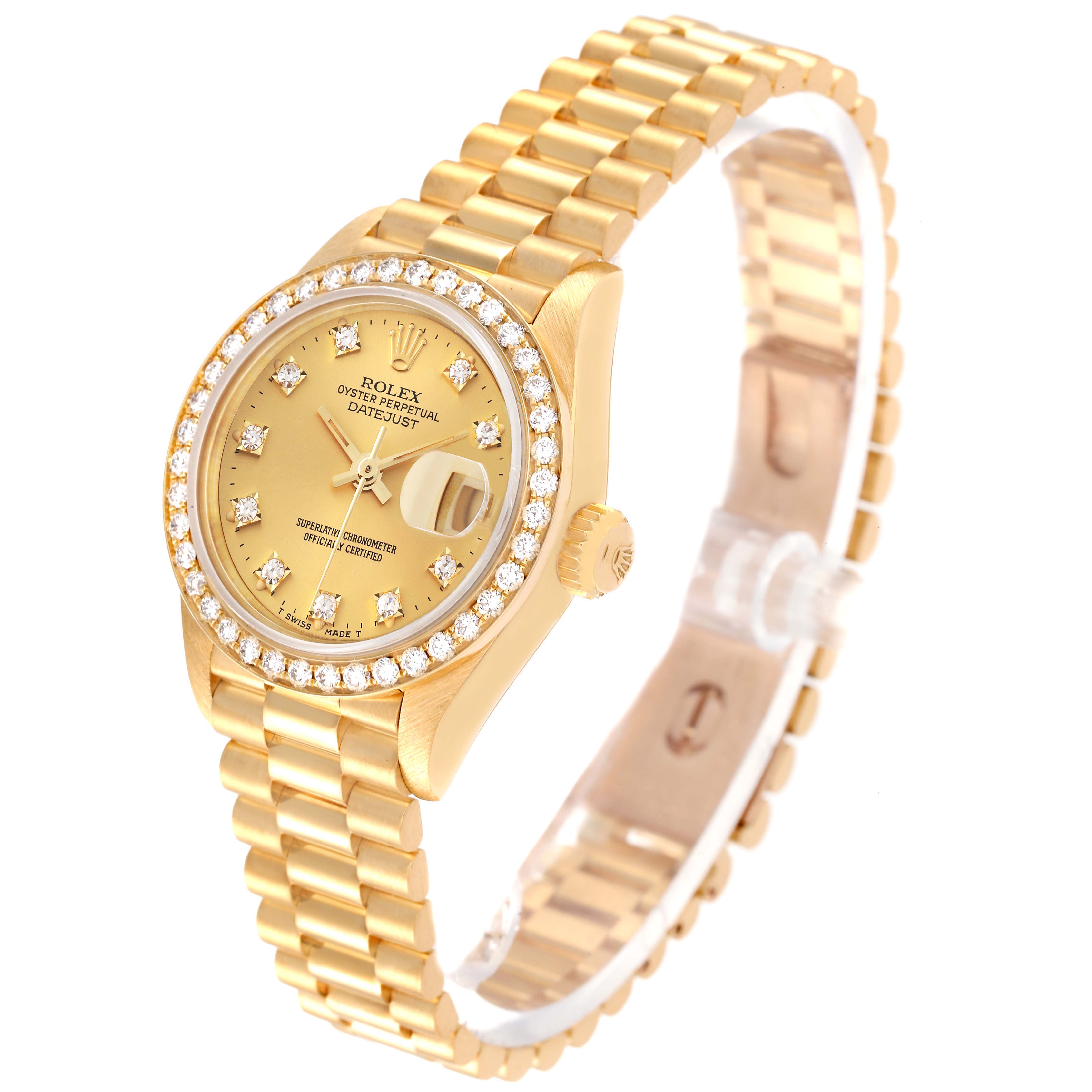 The Rolex President 69138 Women's Yellow Gold Champagne Dial 69138 Women's Yellow Gold Champagne Dial model watch is shown at an angle displaying its gold bracelet, dial, crown, and bezel with diamond accents.
