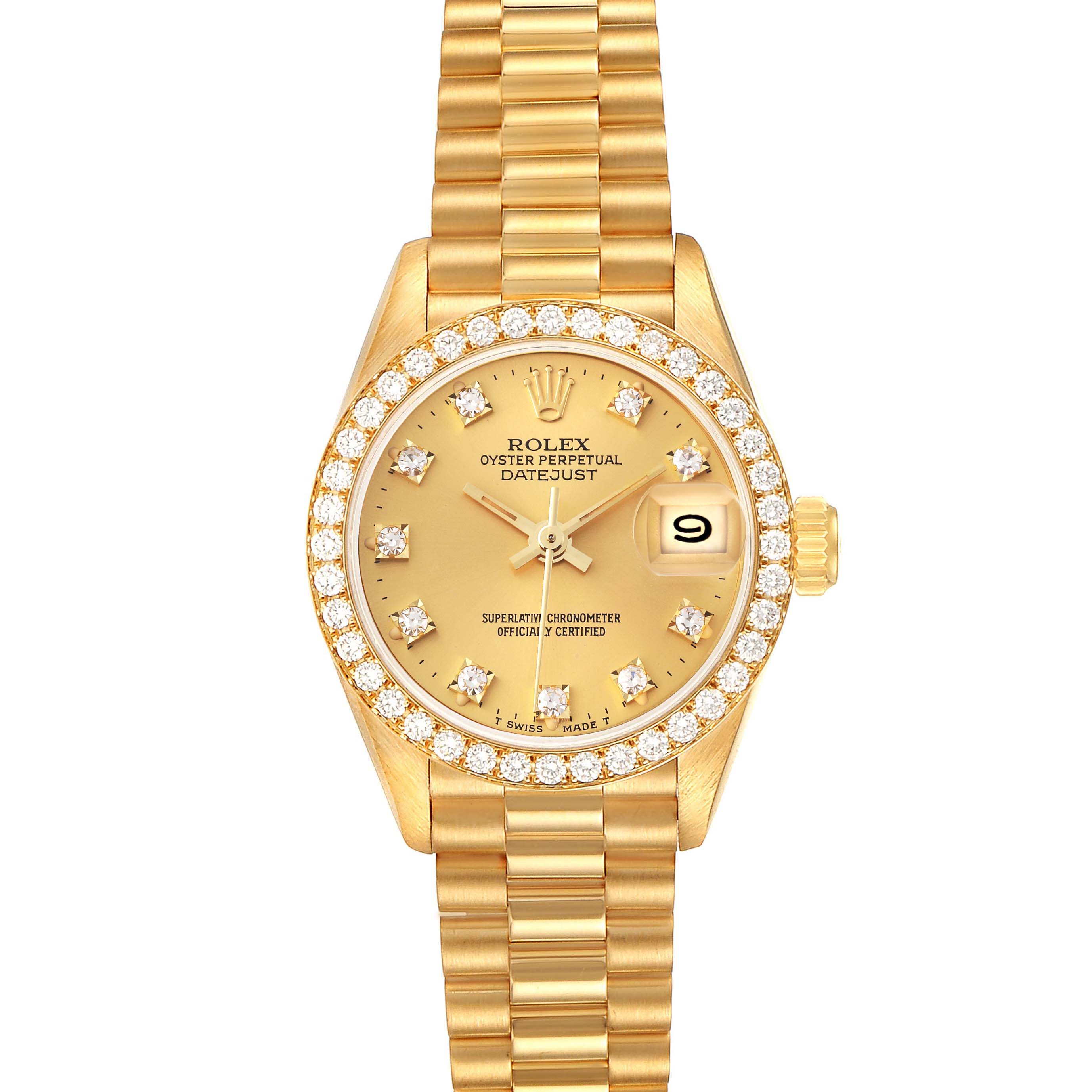 This Rolex President 69138 Women's Yellow Gold Champagne Dial 69138 Women's Yellow Gold Champagne Dial watch is shown from a top-down angle, displaying its gold dial, bracelet, and diamond bezel.