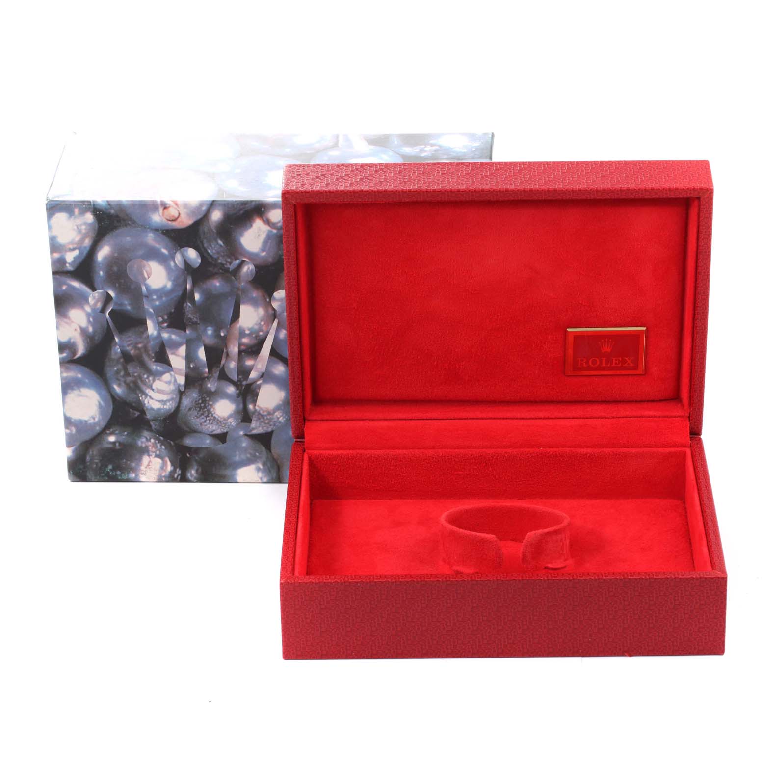 This image shows an open, red Rolex President 69138 Women
s Yellow Gold Champagne Dial 69138 Women
s Yellow Gold Champagne Dial model watch box with a decorative outer box beside it.