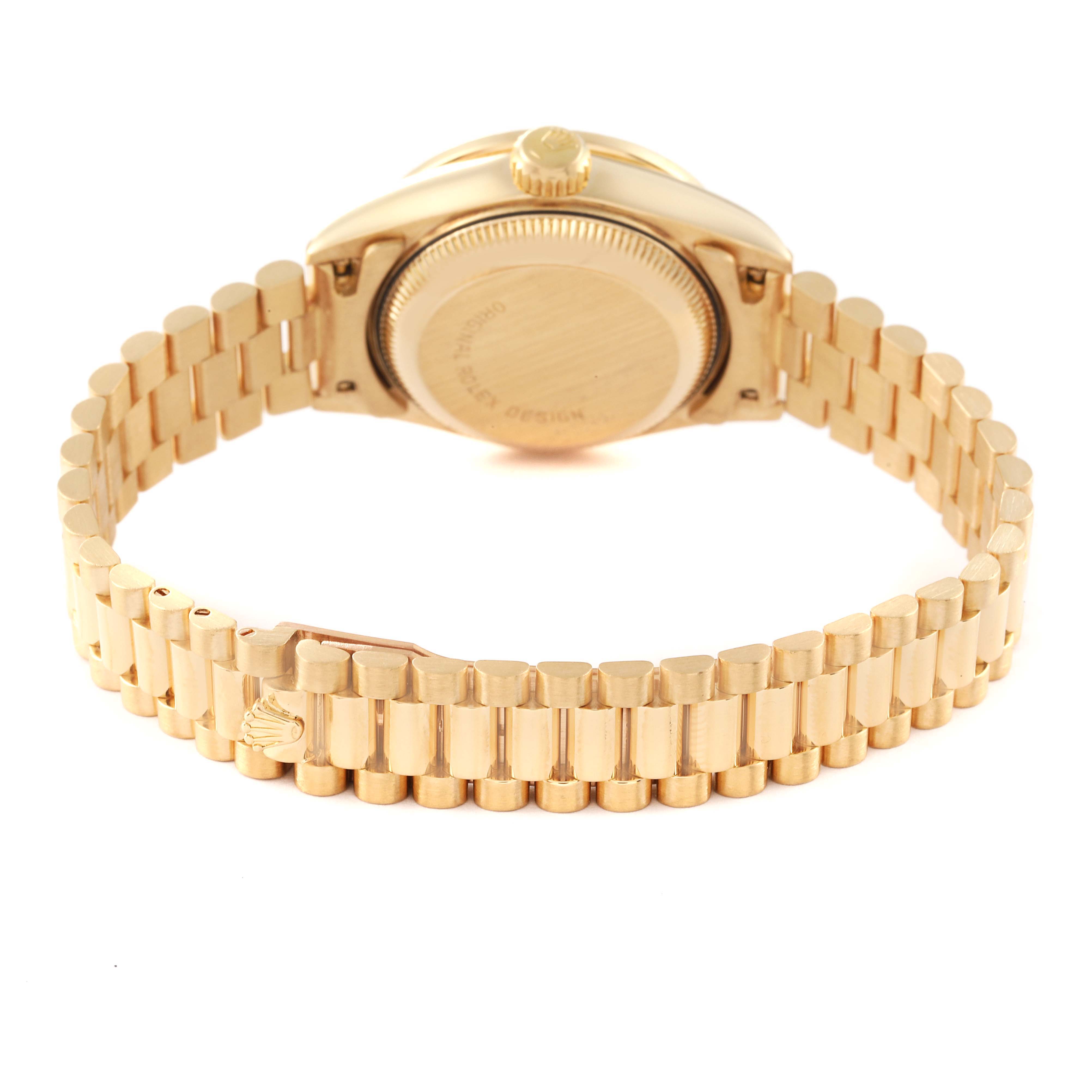 This image shows the back view of a Rolex President 69138 Women
s Yellow Gold Champagne Dial 69138 Women
s Yellow Gold Champagne Dial model watch, highlighting the case back and bracelet.