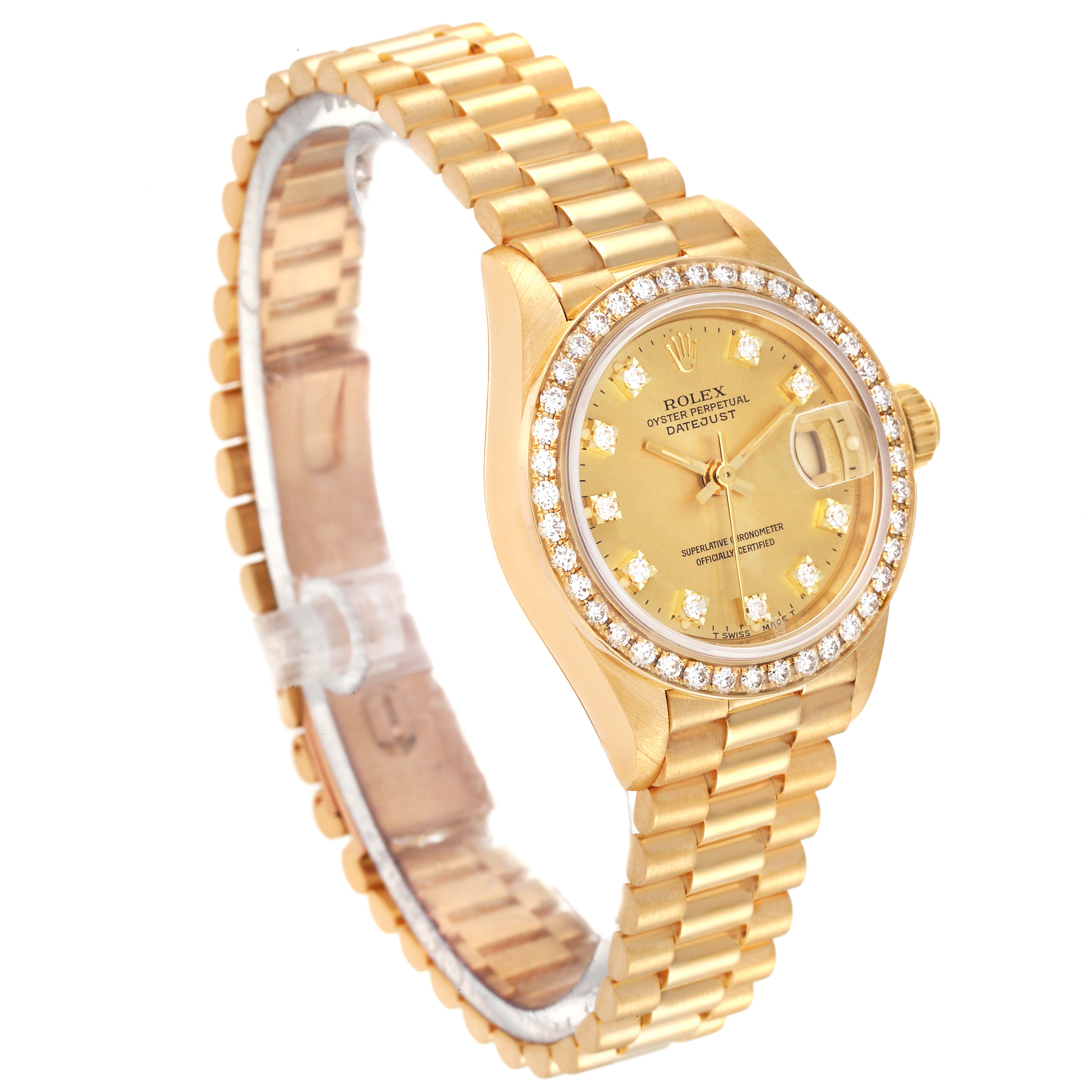 The Rolex President 69138 Women
s Yellow Gold Champagne Dial 69138 Women
s Yellow Gold Champagne Dial model watch is shown at a slight angle, displaying the face, bracelet, and diamond-encrusted bezel.