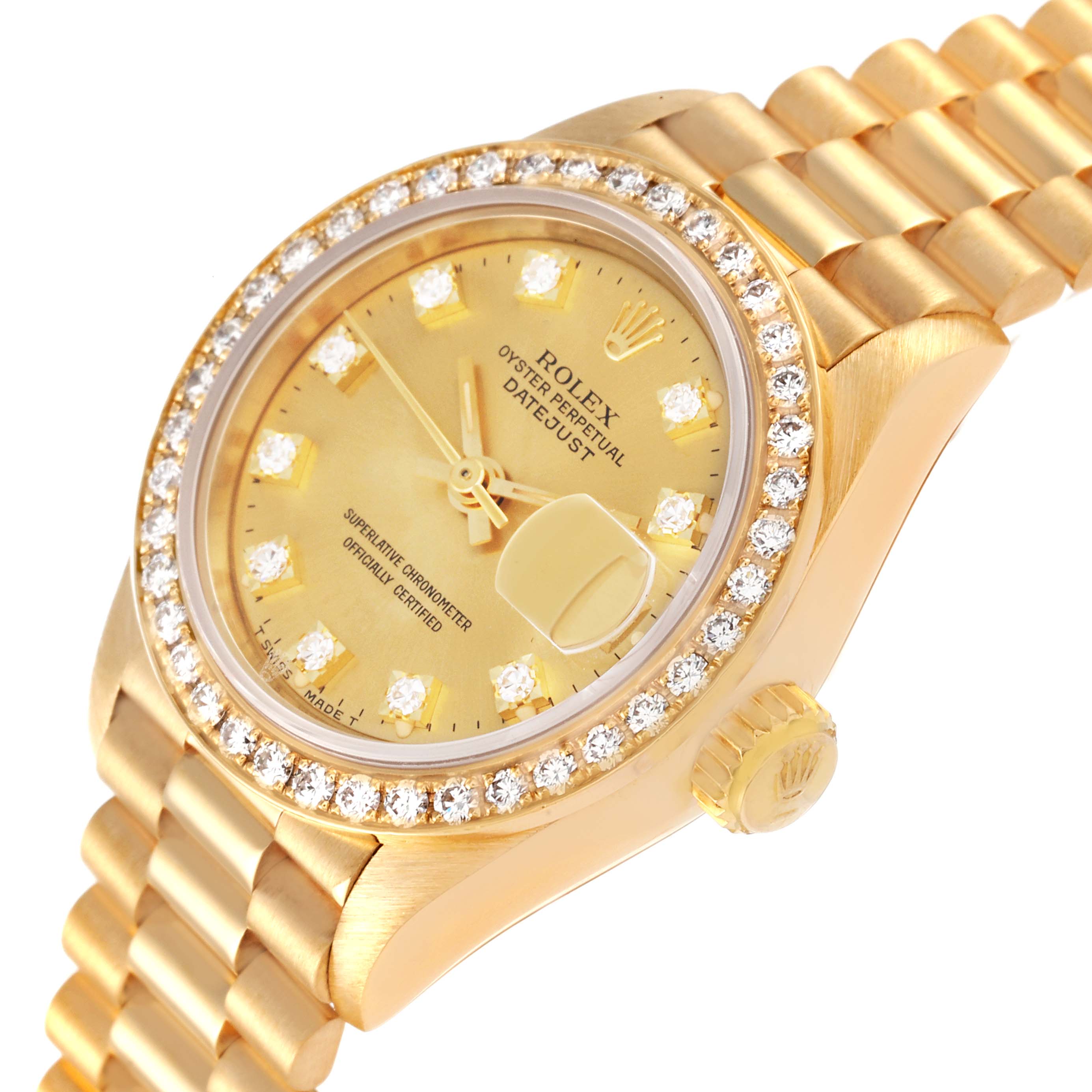 This image shows a Rolex President 69138 Women
s Yellow Gold Champagne Dial 69138 Women
s Yellow Gold Champagne Dial model watch at an angled view, displaying its gold dial, diamond bezel, and part of the bracelet.
