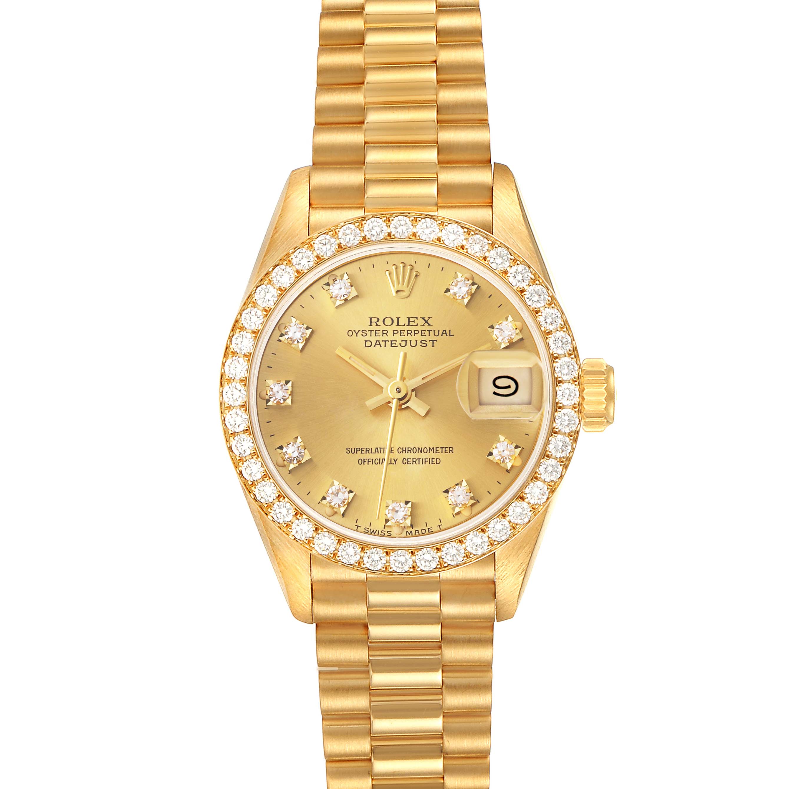 The Rolex President 69138 Women
s Yellow Gold Champagne Dial 69138 Women
s Yellow Gold Champagne Dial model watch is shown from a straight top-down angle, revealing its gold case, bracelet, and diamond-studded bezel and dial.