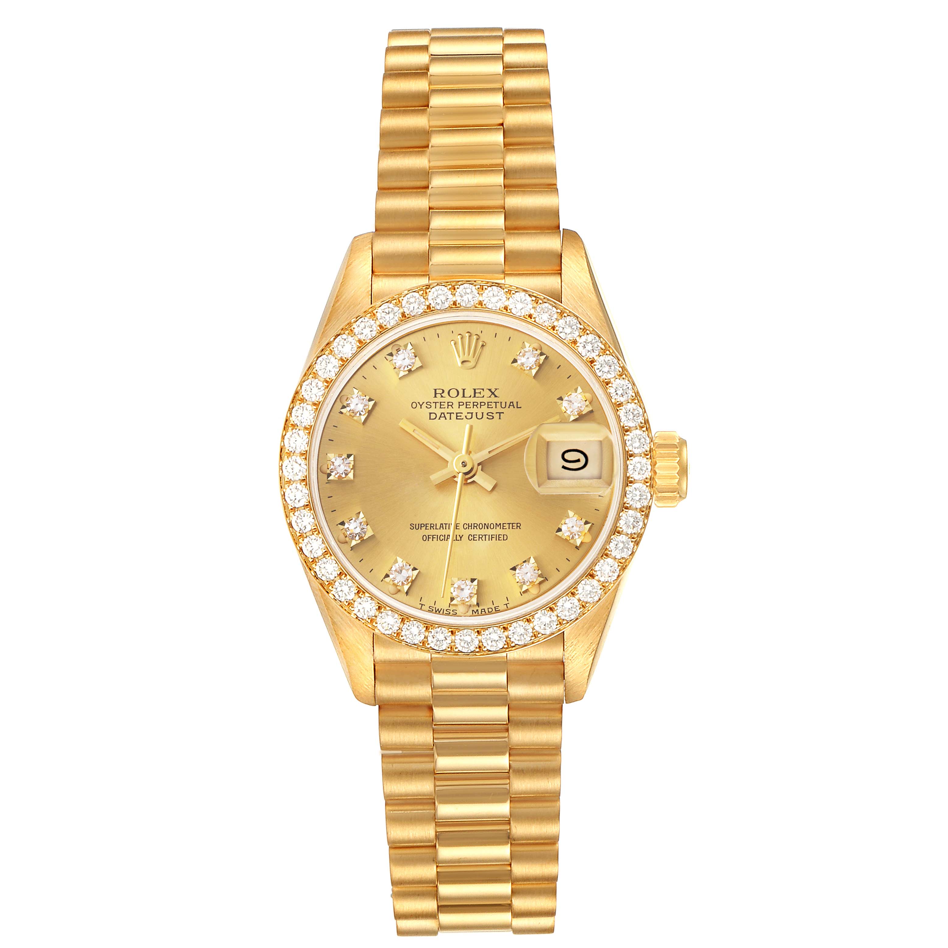 The image shows a Rolex President 69138 Women
s Yellow Gold Champagne Dial 69138 Women
s Yellow Gold Champagne Dial model watch featuring a gold bracelet, diamond-encrusted bezel, and visible date window.