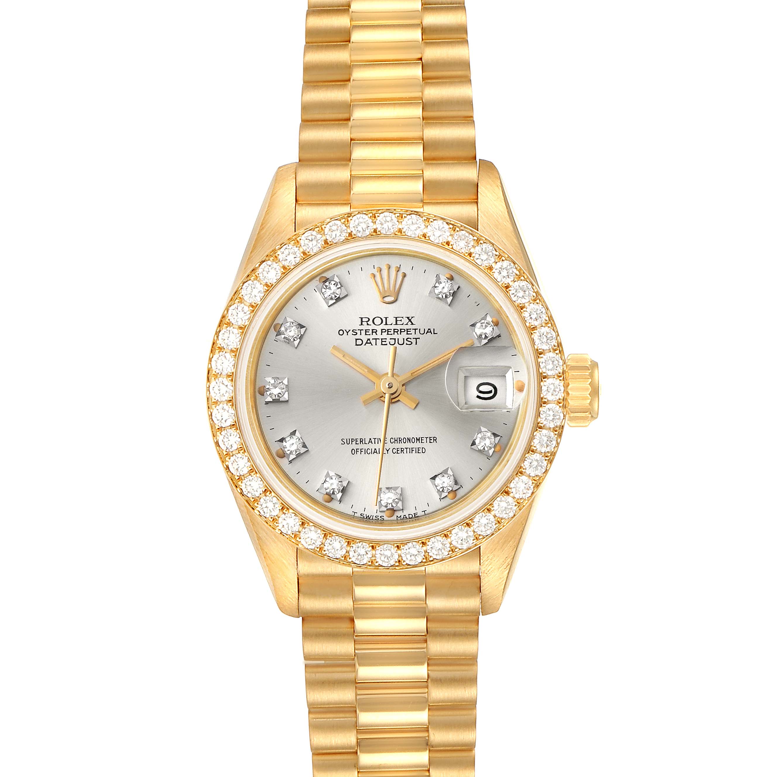 The image displays a full frontal view of a Rolex President 69138 Women's Yellow Gold Silver Dial 69138 Women's Yellow Gold Silver Dial watch, showing the dial, bezel, and bracelet prominently.