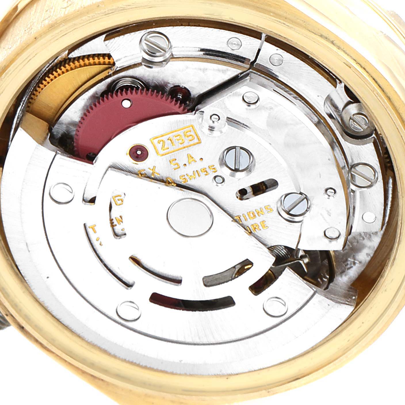 This image shows a close-up of the movement mechanism inside a Rolex President 69138 Women's Yellow Gold Silver Dial 69138 Women's Yellow Gold Silver Dial model watch, viewed from the back.