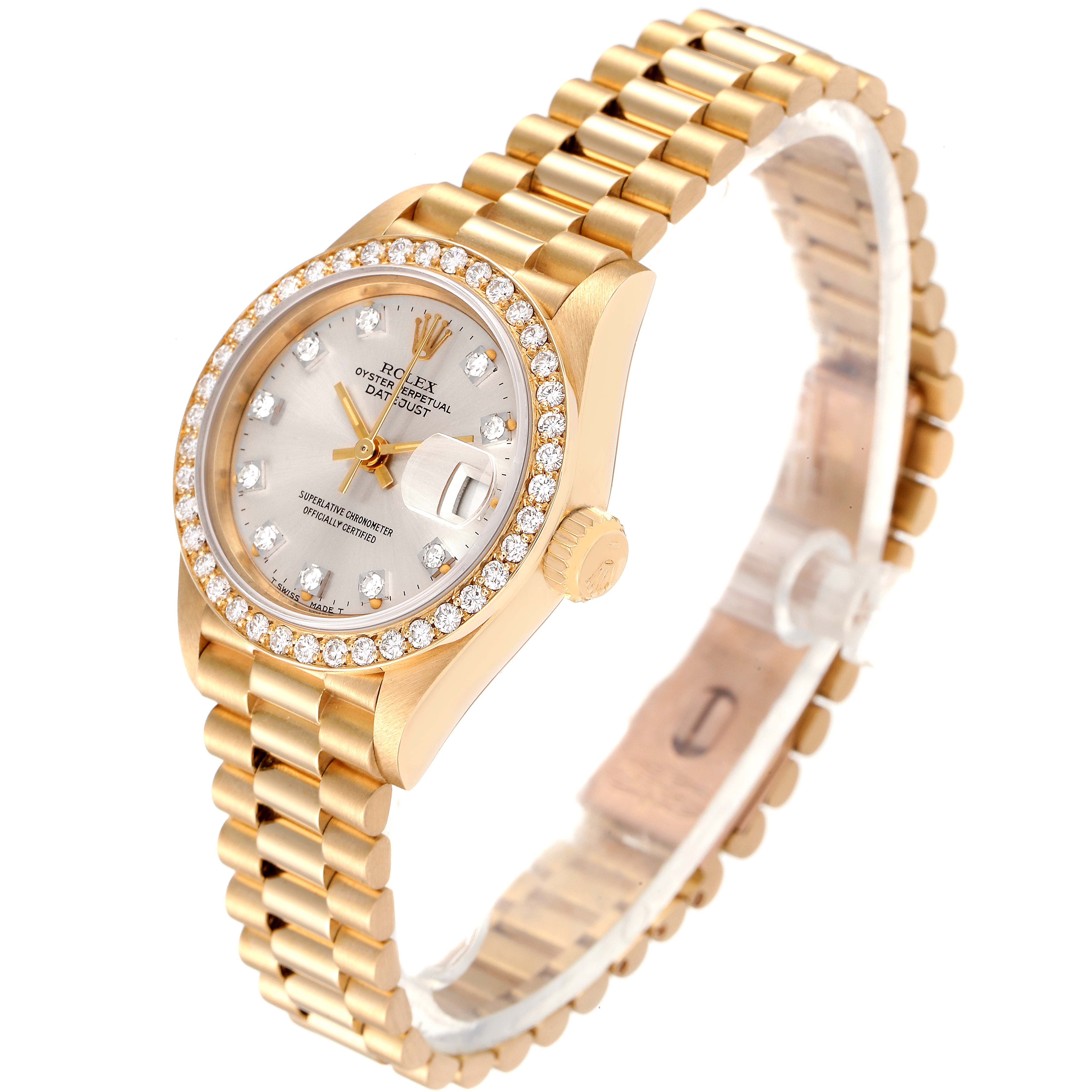 The Rolex President 69138 Women's Yellow Gold Silver Dial 69138 Women's Yellow Gold Silver Dial model watch is shown at an oblique angle, displaying its face, bezel, crown, and bracelet.