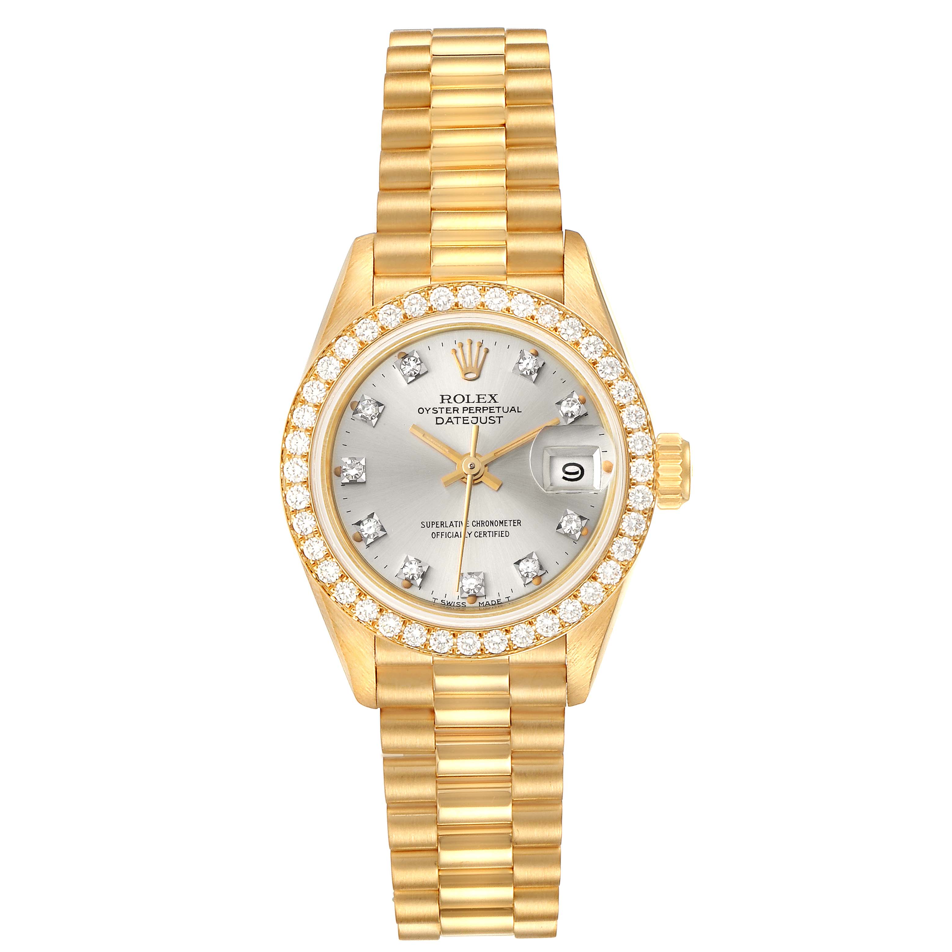 Rolex President Datejust Yellow Gold Silver Diamond Dial Ladies Watch ...